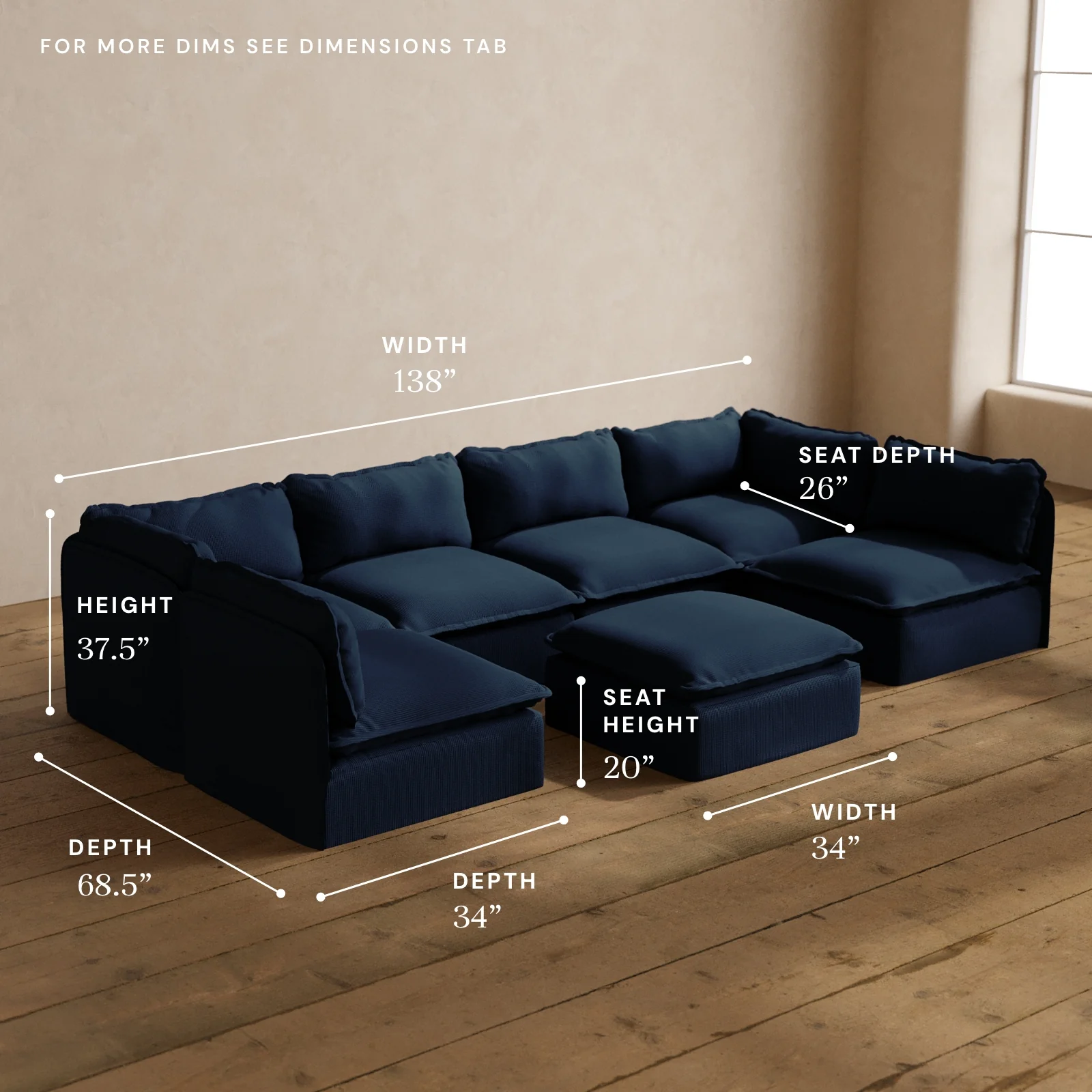 Modular Washable 6-Seater Open-Ends U-Sectional + Ottoman in Sumi | Memorix+ Seat | Contour Pillow - Image 5