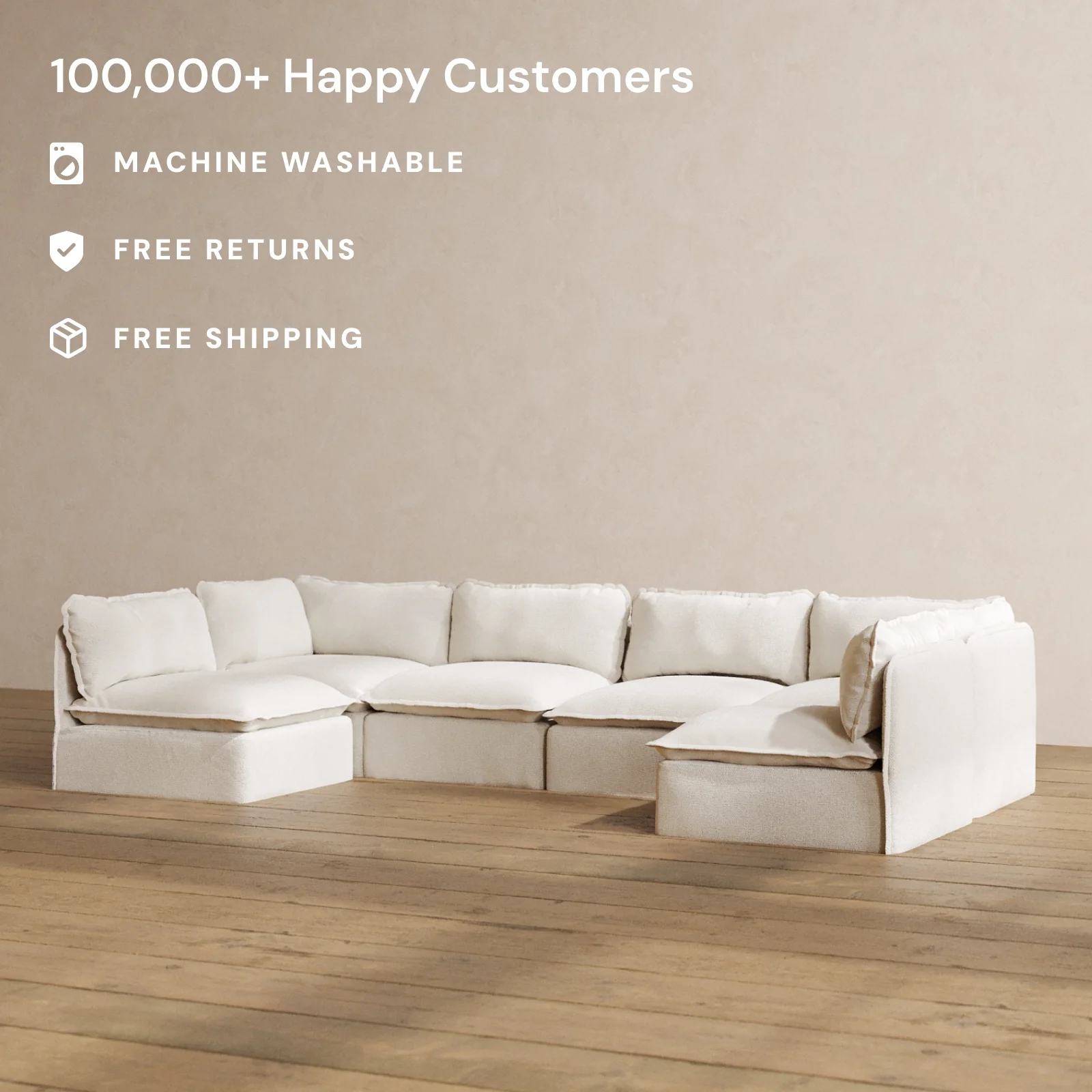 Modular Washable 6-Seater Open-Ends U-Sectional in Powder | Deluxe+ Seat | Cloud Pillow - Image 2