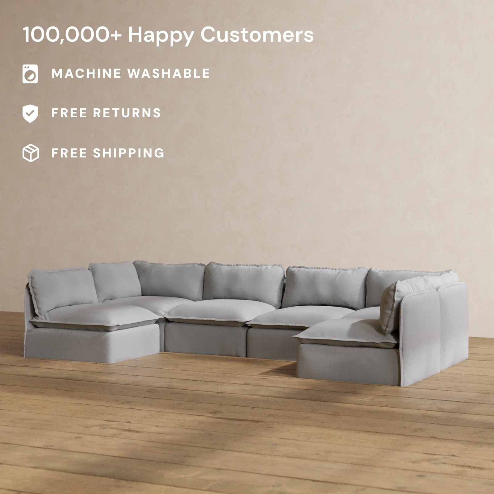 Modular Washable 6-Seater Open-Ends U-Sectional in Pumice | Deluxe+ Seat | Cloud Pillow - Image 2