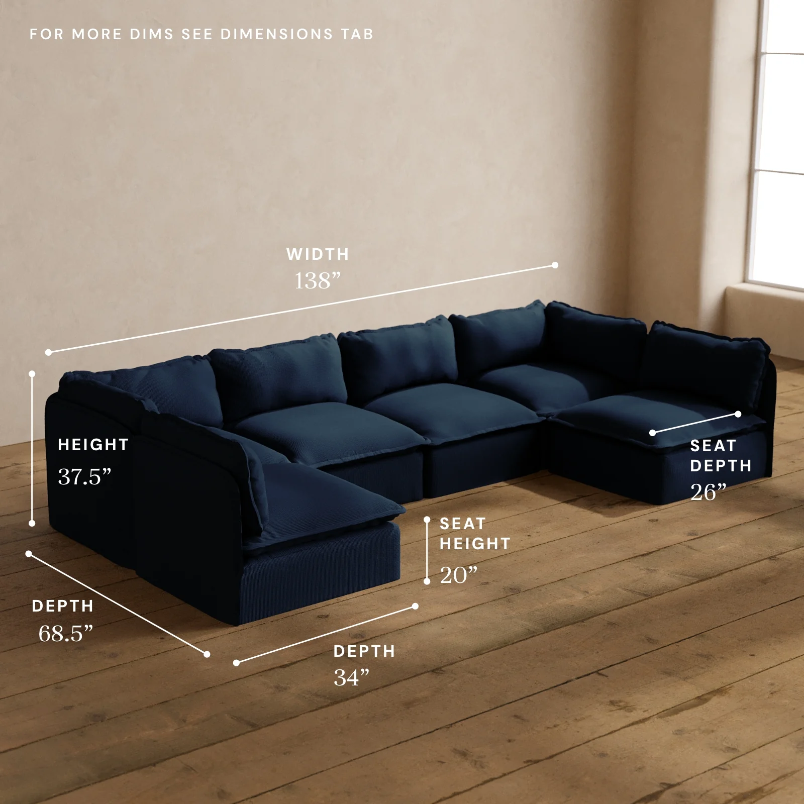 Modular Washable 6-Seater Open-Ends U-Sectional in Sumi | Deluxe+ Seat | Cloud Pillow - Image 5