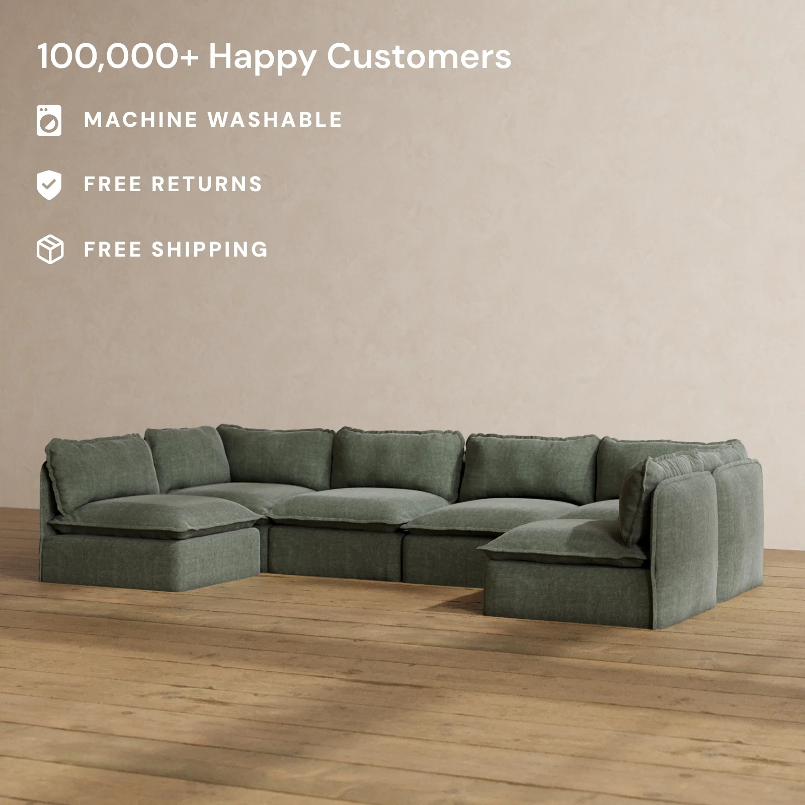 Modular Washable 6-Seater Open-Ends U-Sectional in Willow | Memorix+ Seat | Contour Pillow - Image 2