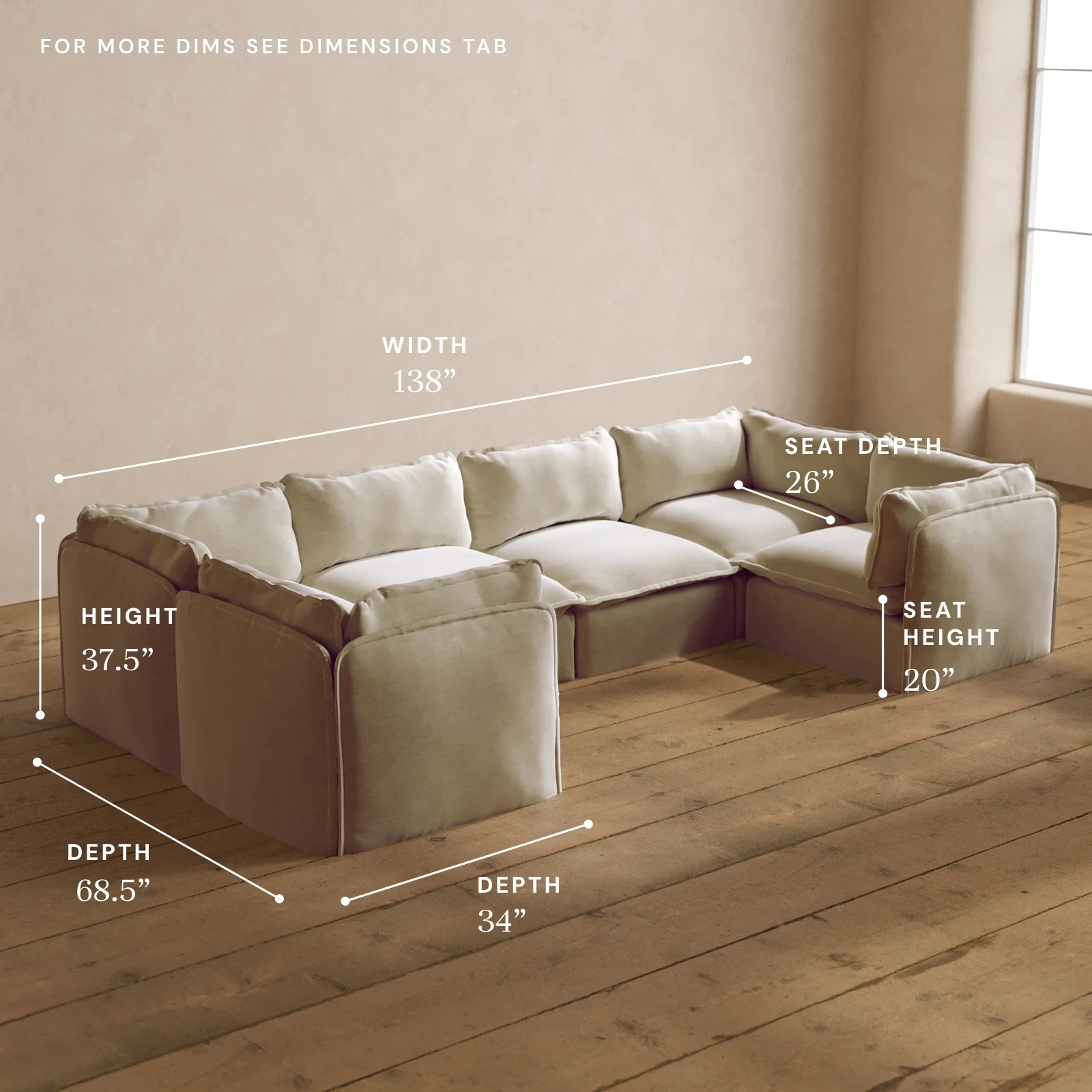 Modular Washable 6-Seater U-Sectional in Coco | Deluxe+ Seat | Cloud Pillow - Image 5