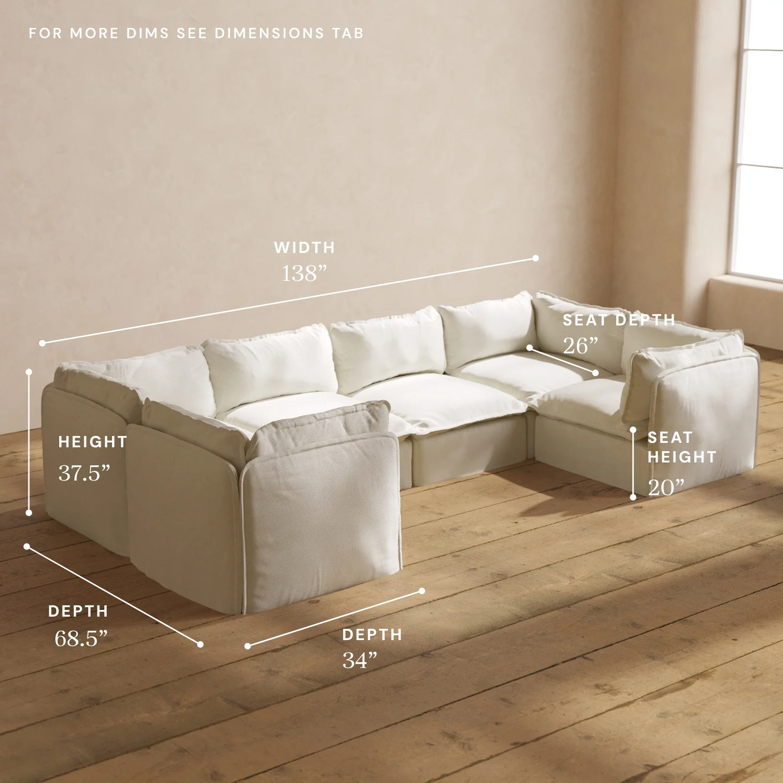 Modular Washable 6-Seater U-Sectional in Eggshell | Deluxe+ Seat | Cloud Pillow - Image 5