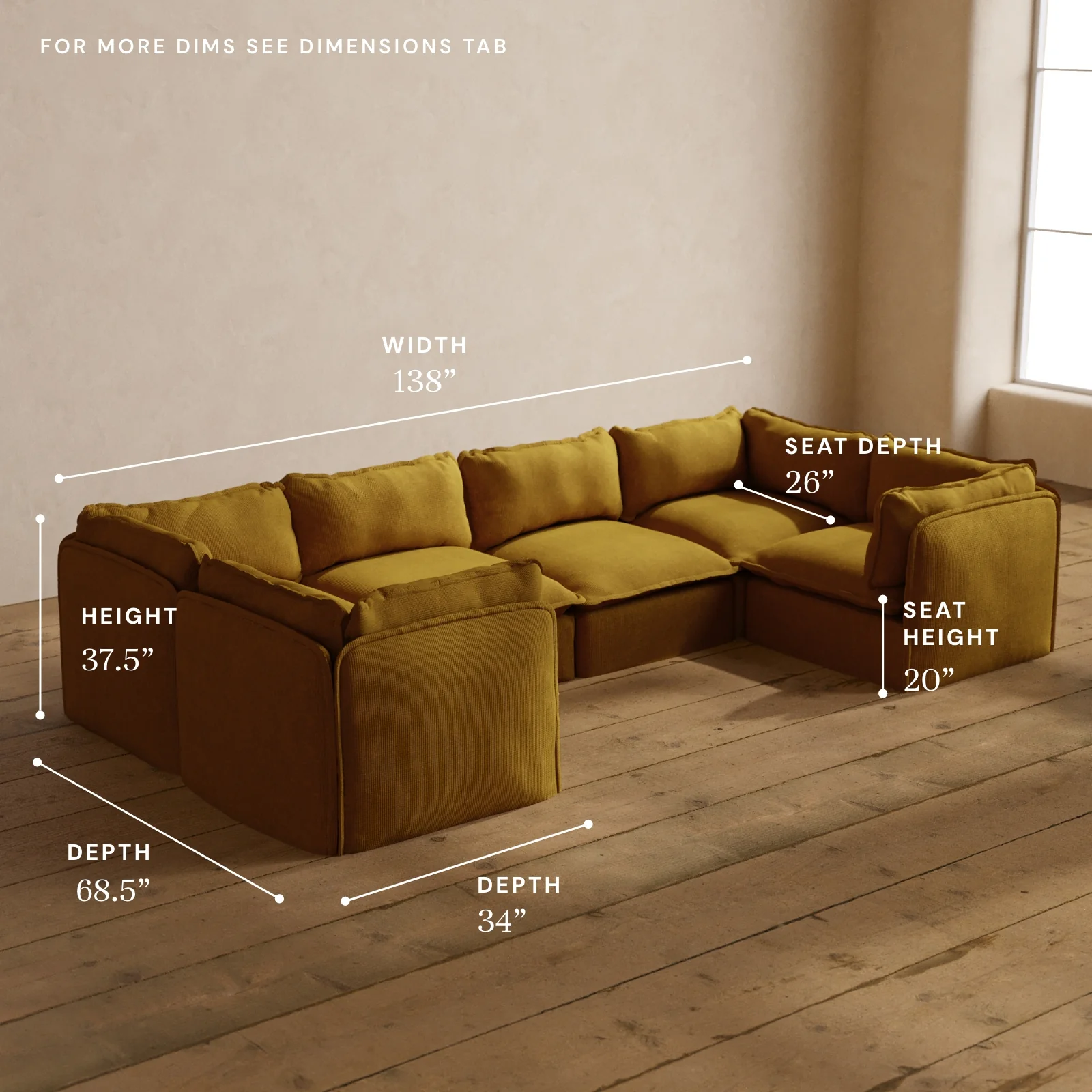 Modular Washable 6-Seater U-Sectional in Kiiro | Deluxe+ Seat | Cloud Pillow - Image 5