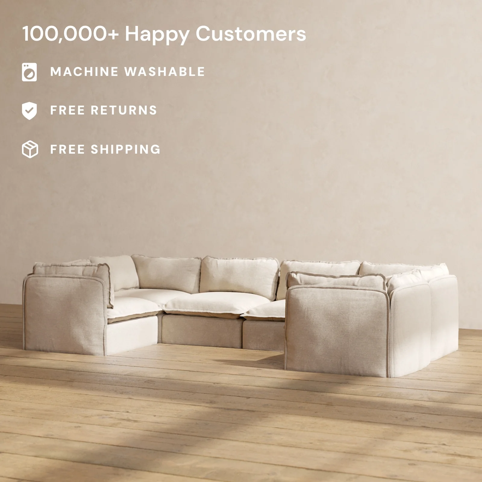 Modular Washable 6-Seater U-Sectional in Oat | Deluxe+ Seat | Cloud Pillow - Image 2