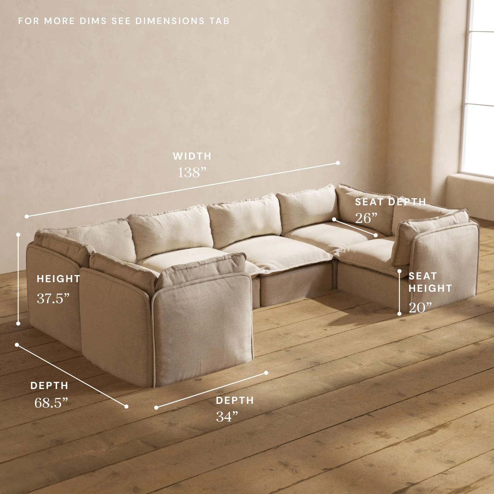 Modular Washable 6-Seater U-Sectional in Oat | Memorix+ Seat | Contour Pillow - Image 5