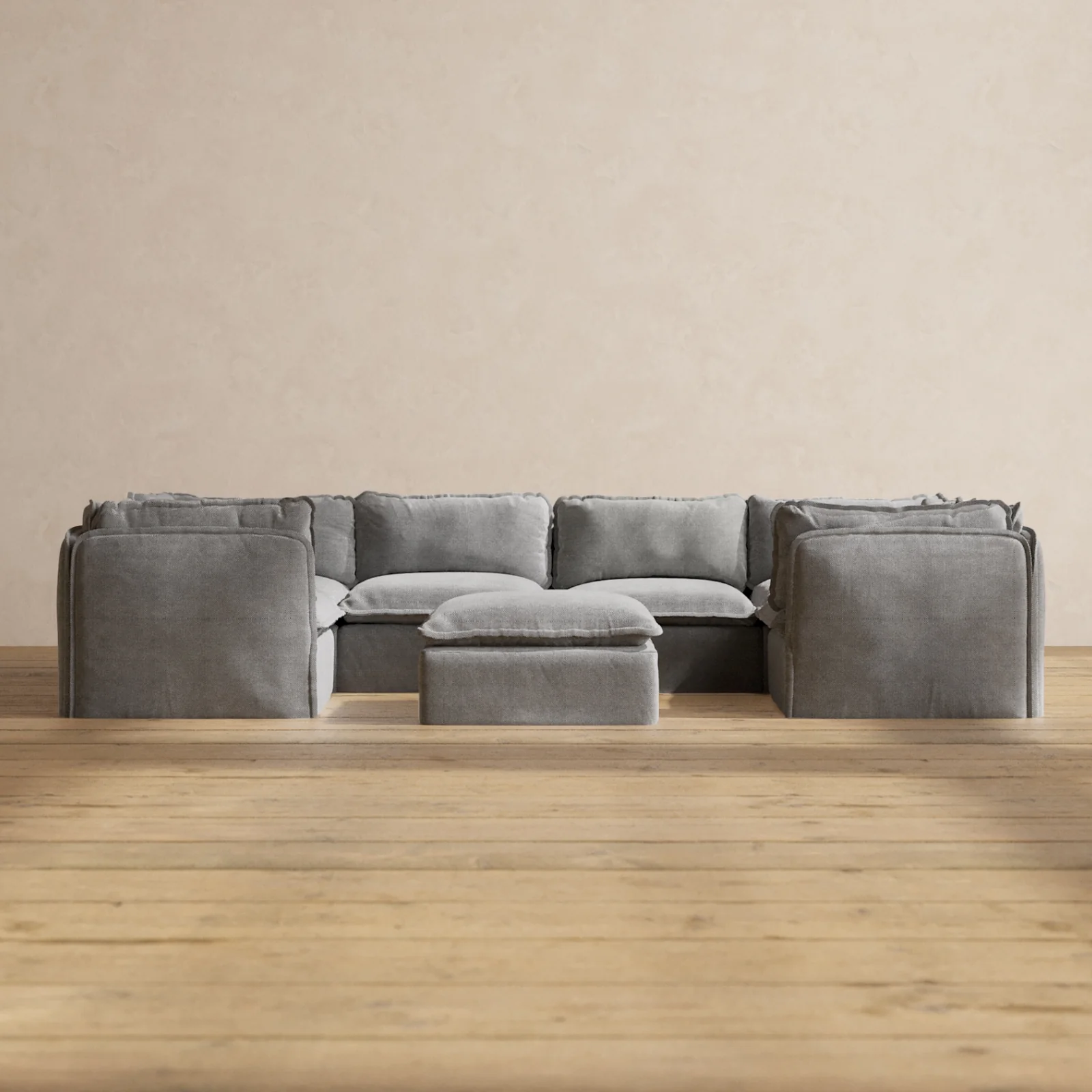 Modular Washable 6-Seater U-Sectional + Ottoman in Ash | Deluxe+ Seat | Cloud Pillow