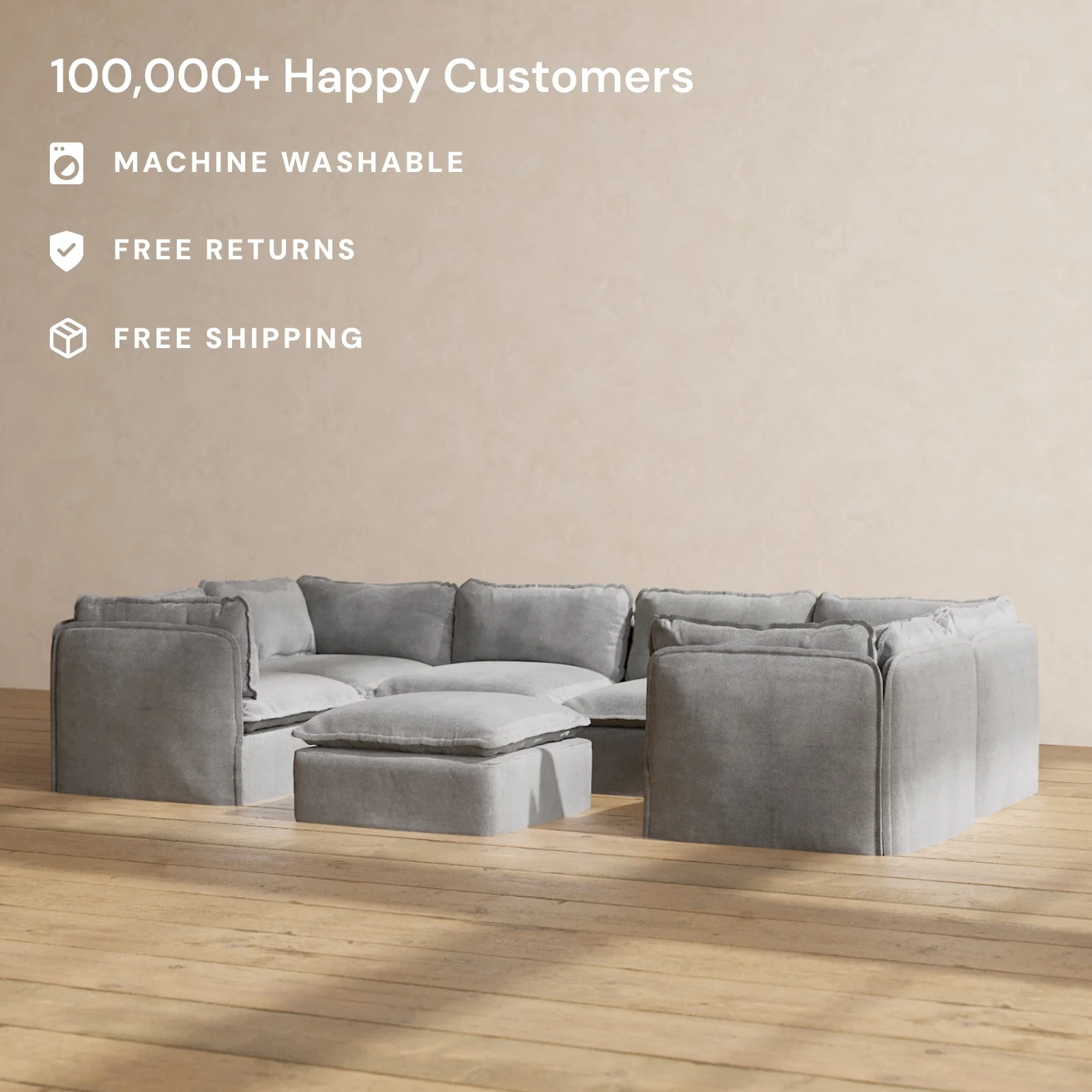Modular Washable 6-Seater U-Sectional + Ottoman in Ash | Memorix+ Seat | Contour Pillow - Image 2