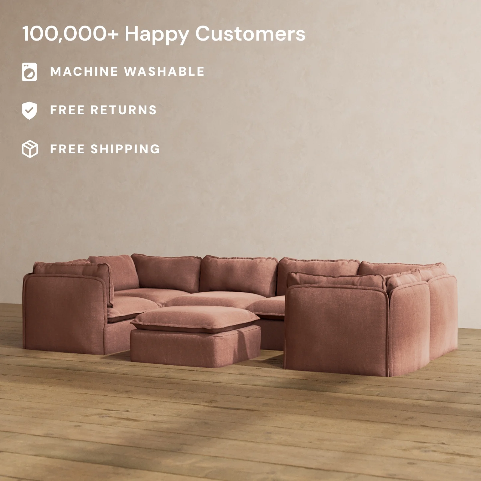 Modular Washable 6-Seater U-Sectional + Ottoman in Chestnut | Deluxe+ Seat | Cloud Pillow - Image 2