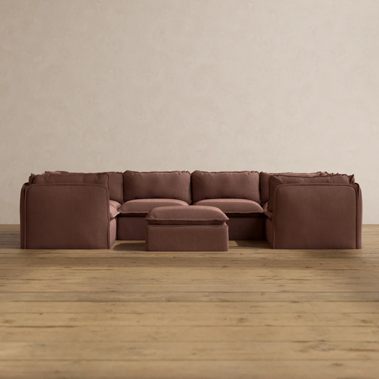 Modular Washable 6-Seater U-Sectional + Ottoman in Chestnut | Memorix+ Seat | Contour Pillow