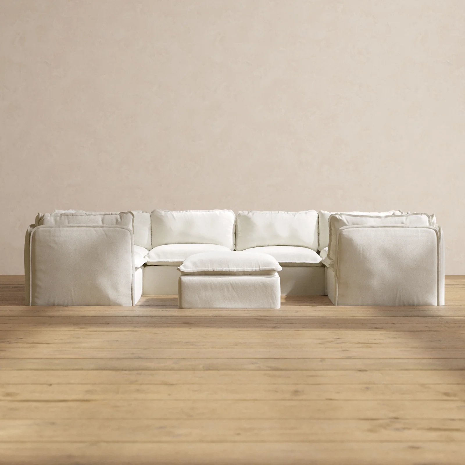 Modular Washable 6-Seater U-Sectional + Ottoman in Eggshell | Memorix+ Seat | Contour Pillow
