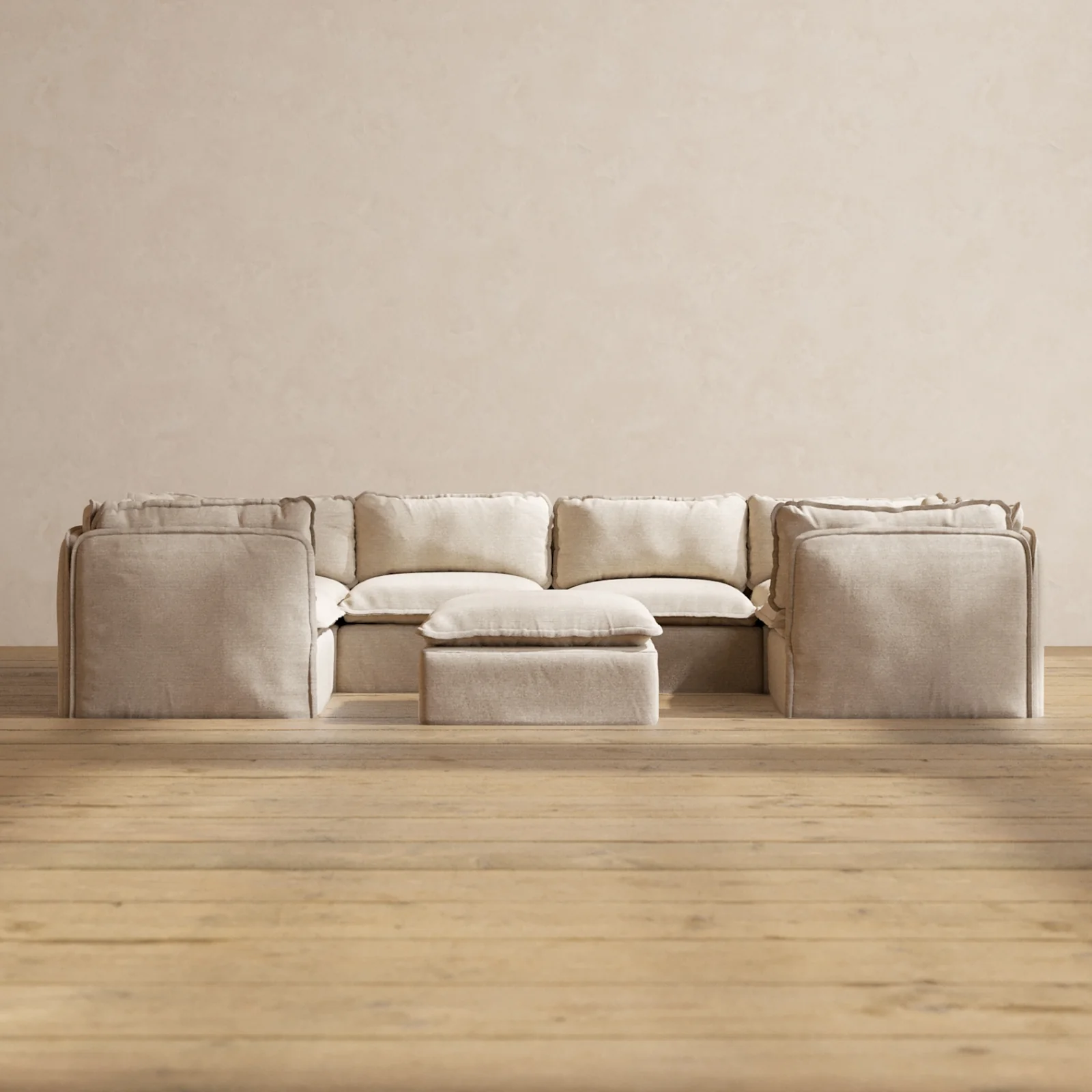 Modular Washable 6-Seater U-Sectional + Ottoman in Oat | Deluxe+ Seat | Cloud Pillow