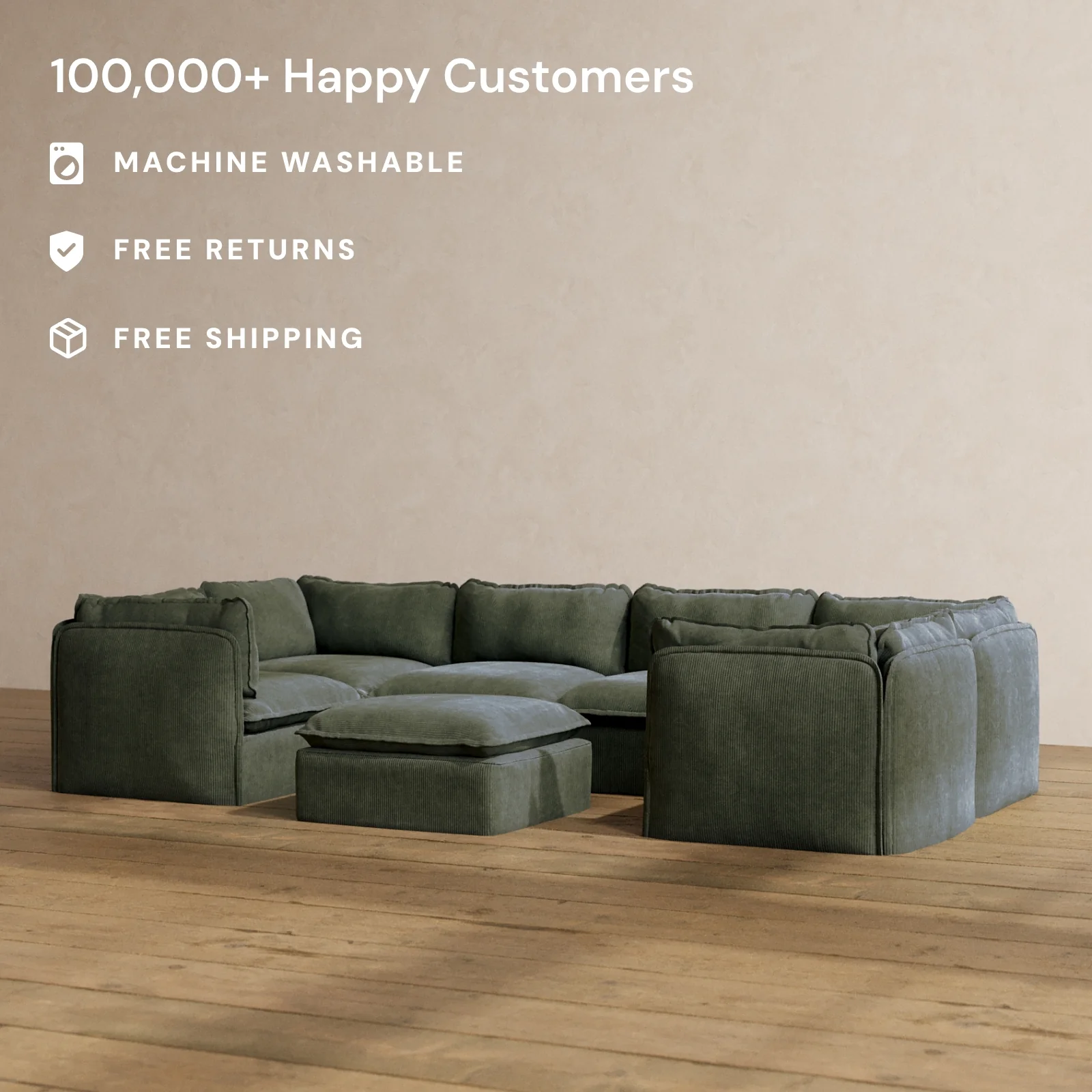 Modular Washable 6-Seater U-Sectional + Ottoman in Olivine | Deluxe+ Seat | Cloud Pillow - Image 2