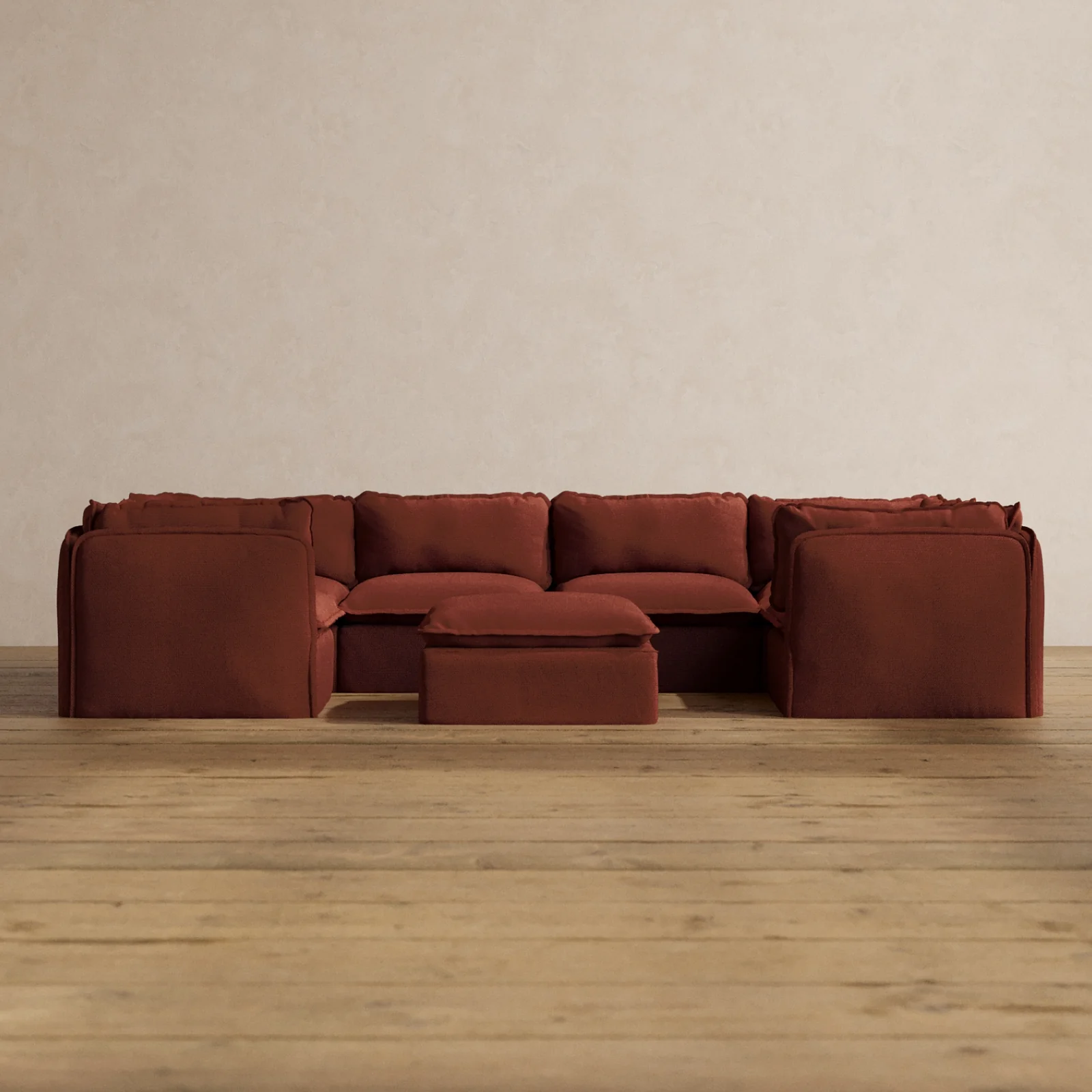 Modular Washable 6-Seater U-Sectional + Ottoman in Rust | Deluxe+ Seat | Cloud Pillow