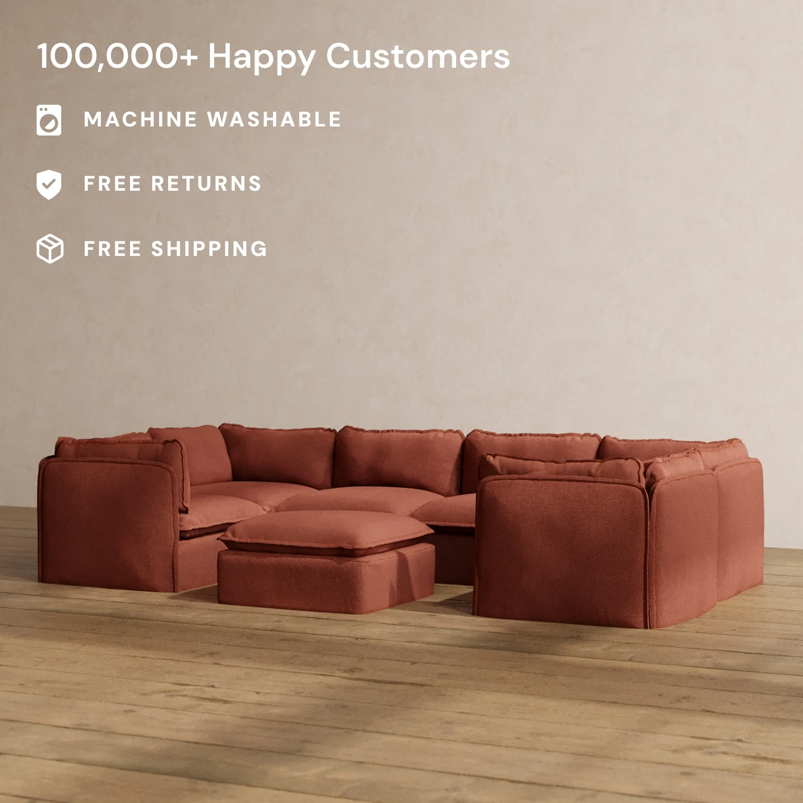 Modular Washable 6-Seater U-Sectional + Ottoman in Rust | Deluxe+ Seat | Cloud Pillow - Image 2