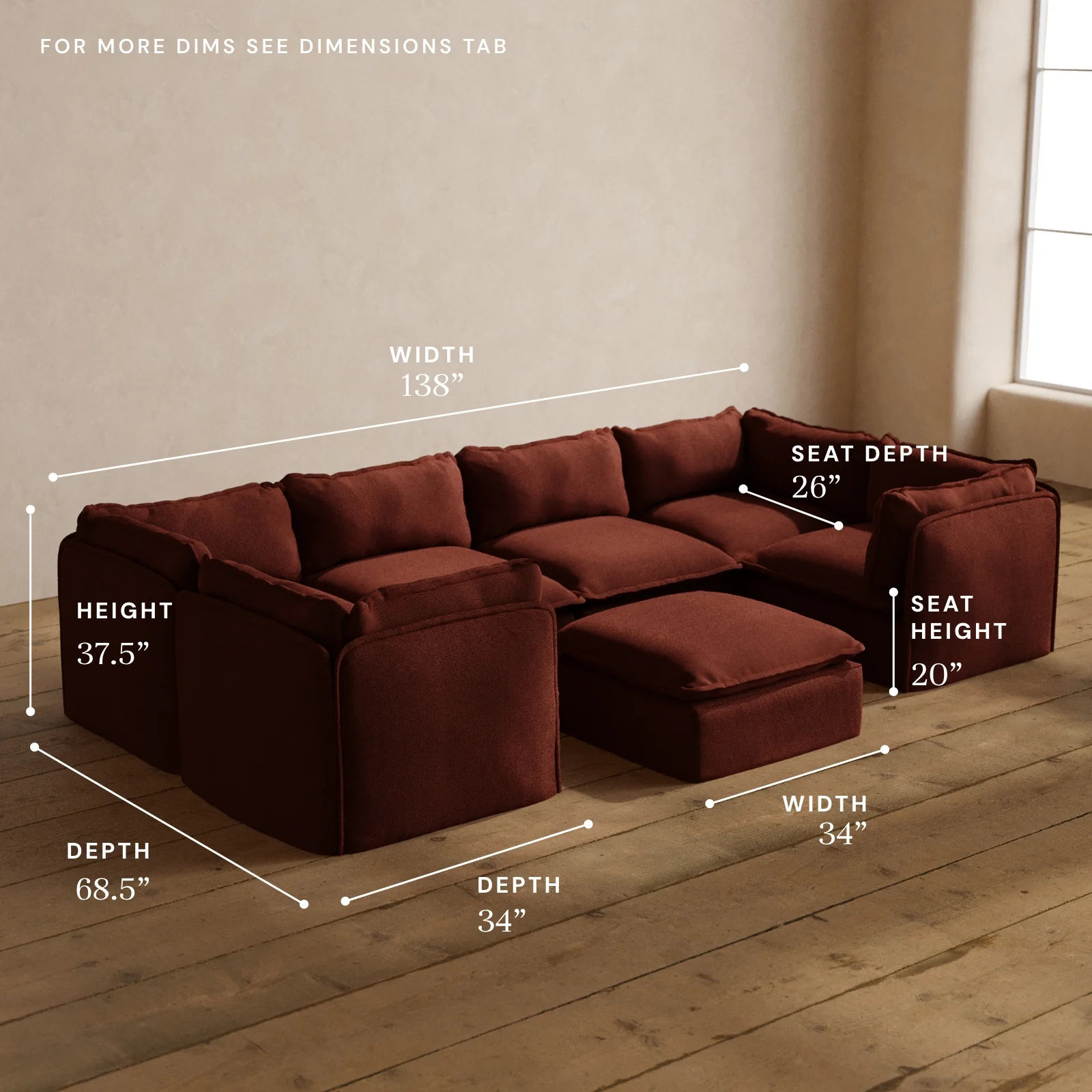 Modular Washable 6-Seater U-Sectional + Ottoman in Rust | Deluxe+ Seat | Cloud Pillow - Image 5