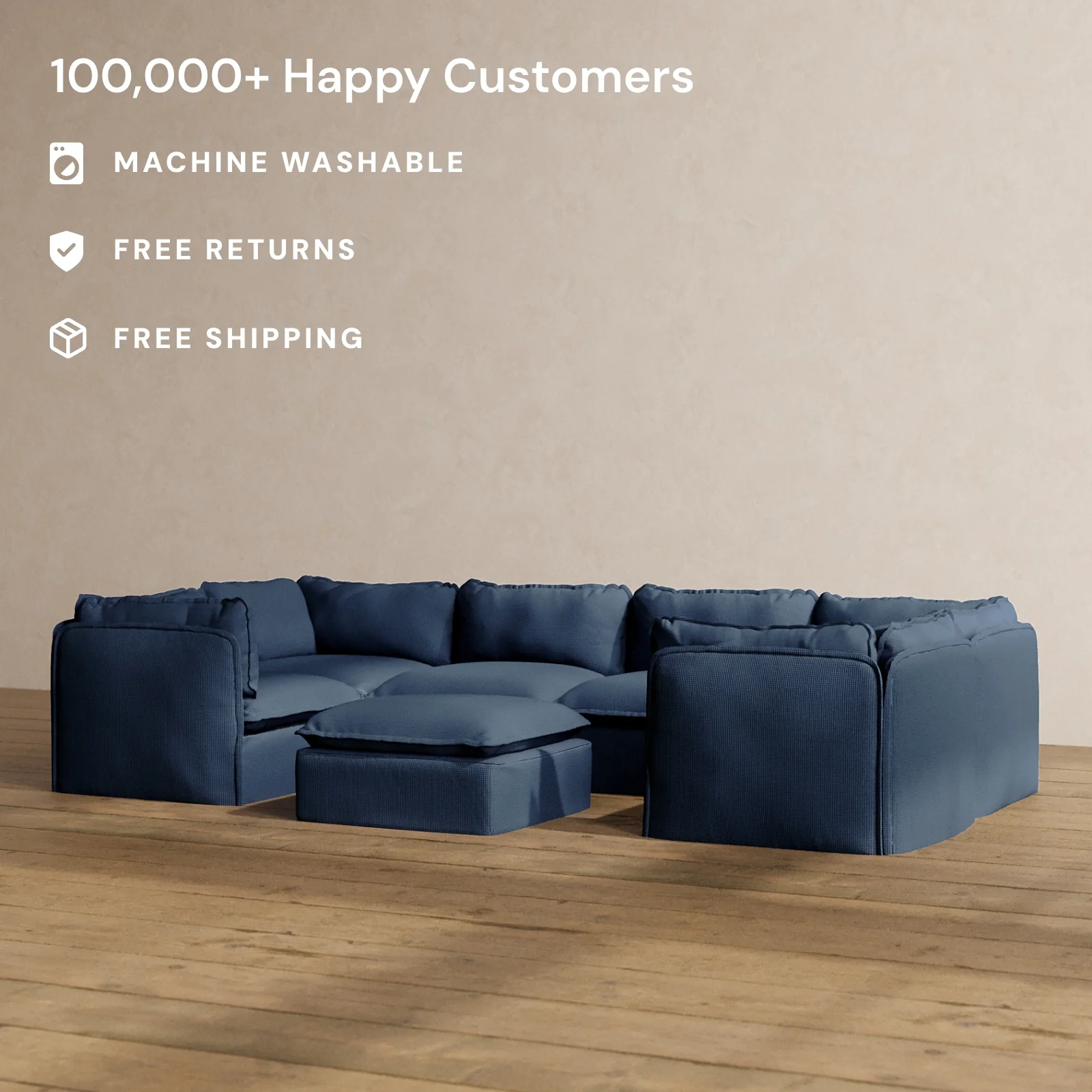 Modular Washable 6-Seater U-Sectional + Ottoman in Sumi | Deluxe+ Seat | Cloud Pillow - Image 2