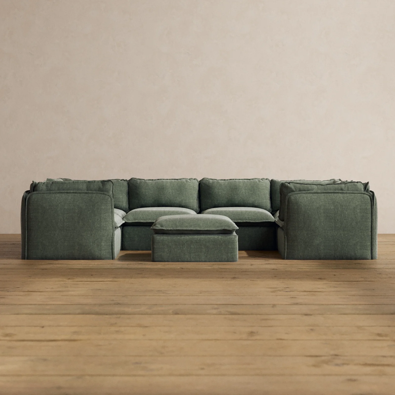 Modular Washable 6-Seater U-Sectional + Ottoman in Willow | Deluxe+ Seat | Cloud Pillow