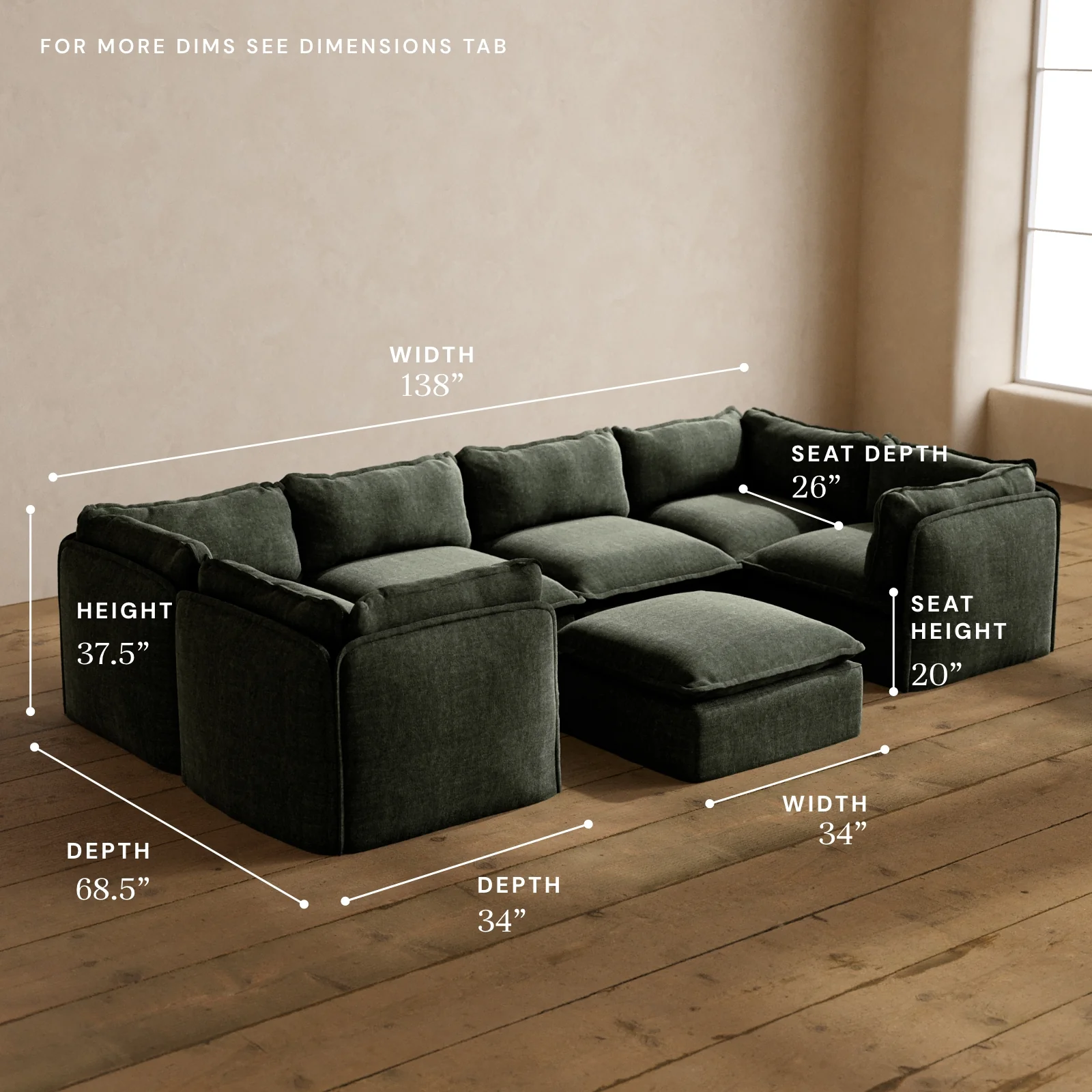 Modular Washable 6-Seater U-Sectional + Ottoman in Willow | Memorix+ Seat | Contour Pillow - Image 5