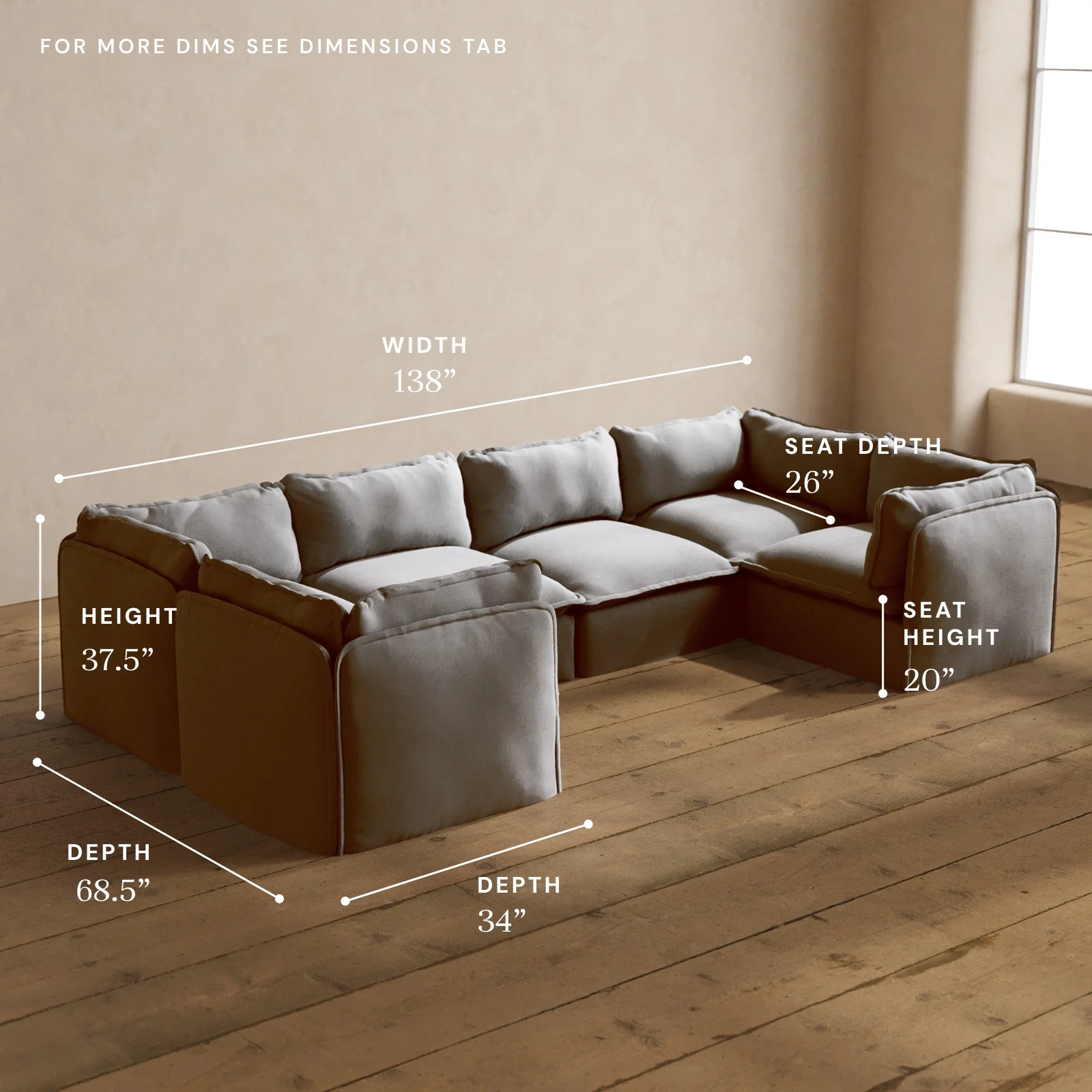Modular Washable 6-Seater U-Sectional in Pumice | Deluxe+ Seat | Cloud Pillow - Image 5