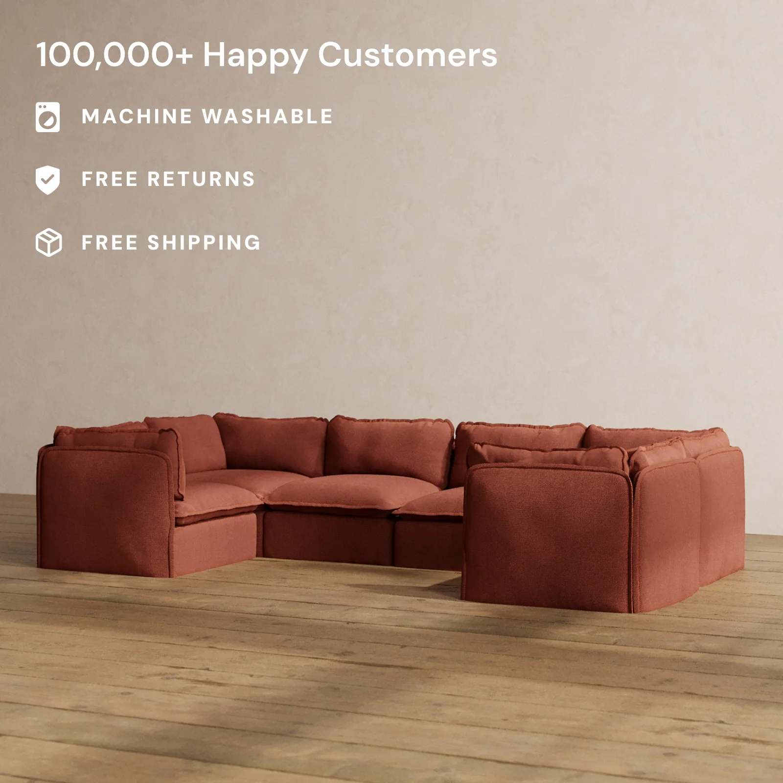 Modular Washable 6-Seater U-Sectional in Rust | Memorix+ Seat | Contour Pillow - Image 2