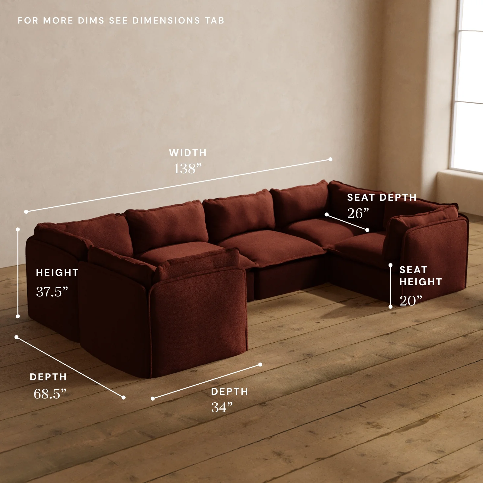 Modular Washable 6-Seater U-Sectional in Rust | Memorix+ Seat | Contour Pillow - Image 5