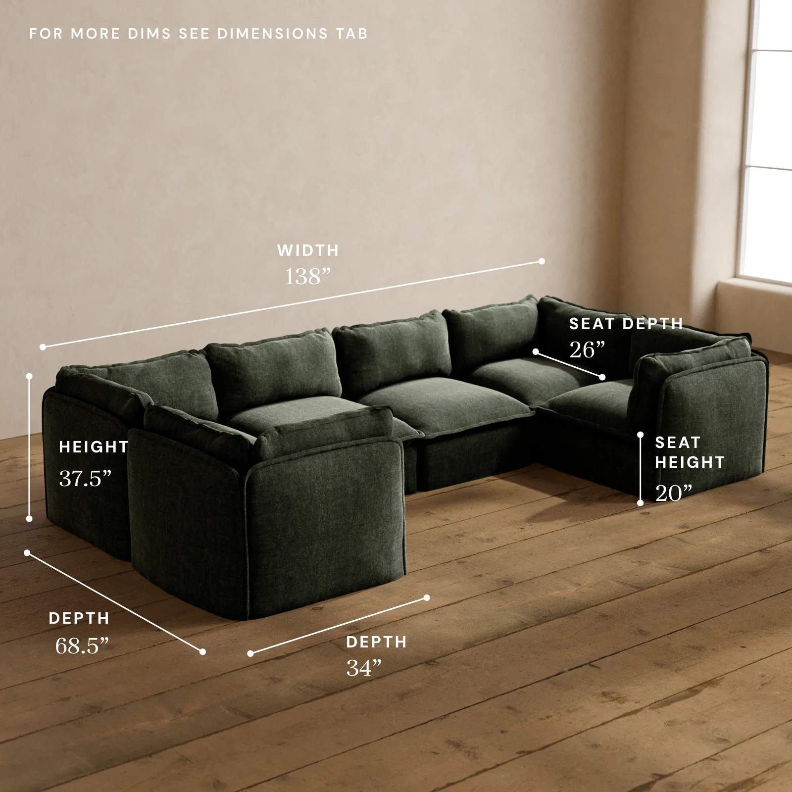 Modular Washable 6-Seater U-Sectional in Willow | Deluxe+ Seat | Cloud Pillow - Image 5
