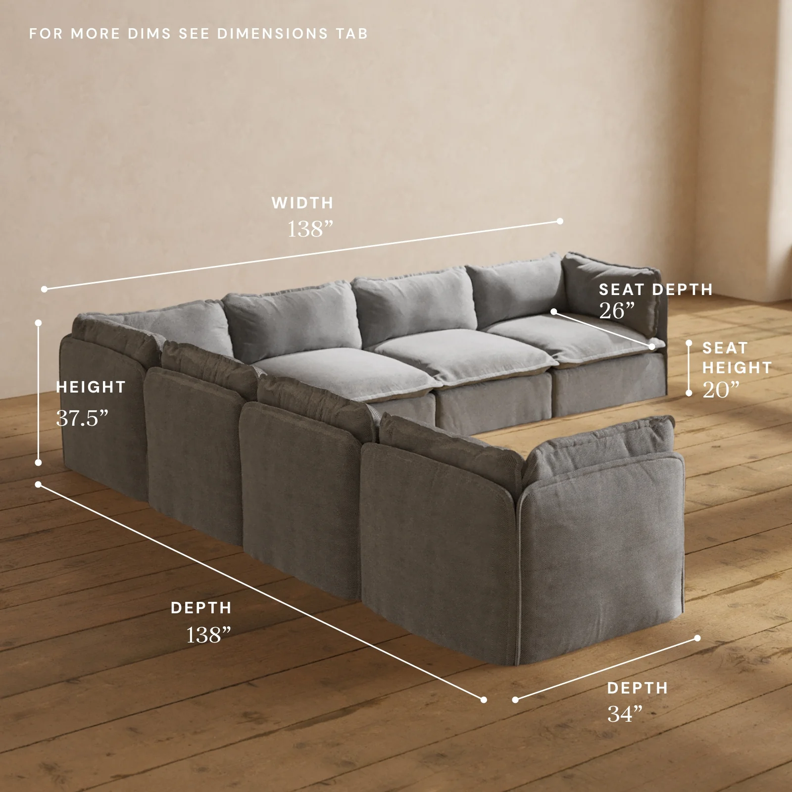 Modular Washable 7-Seater Corner Sectional in Ash | Deluxe+ Seat | Cloud Pillow - Image 5