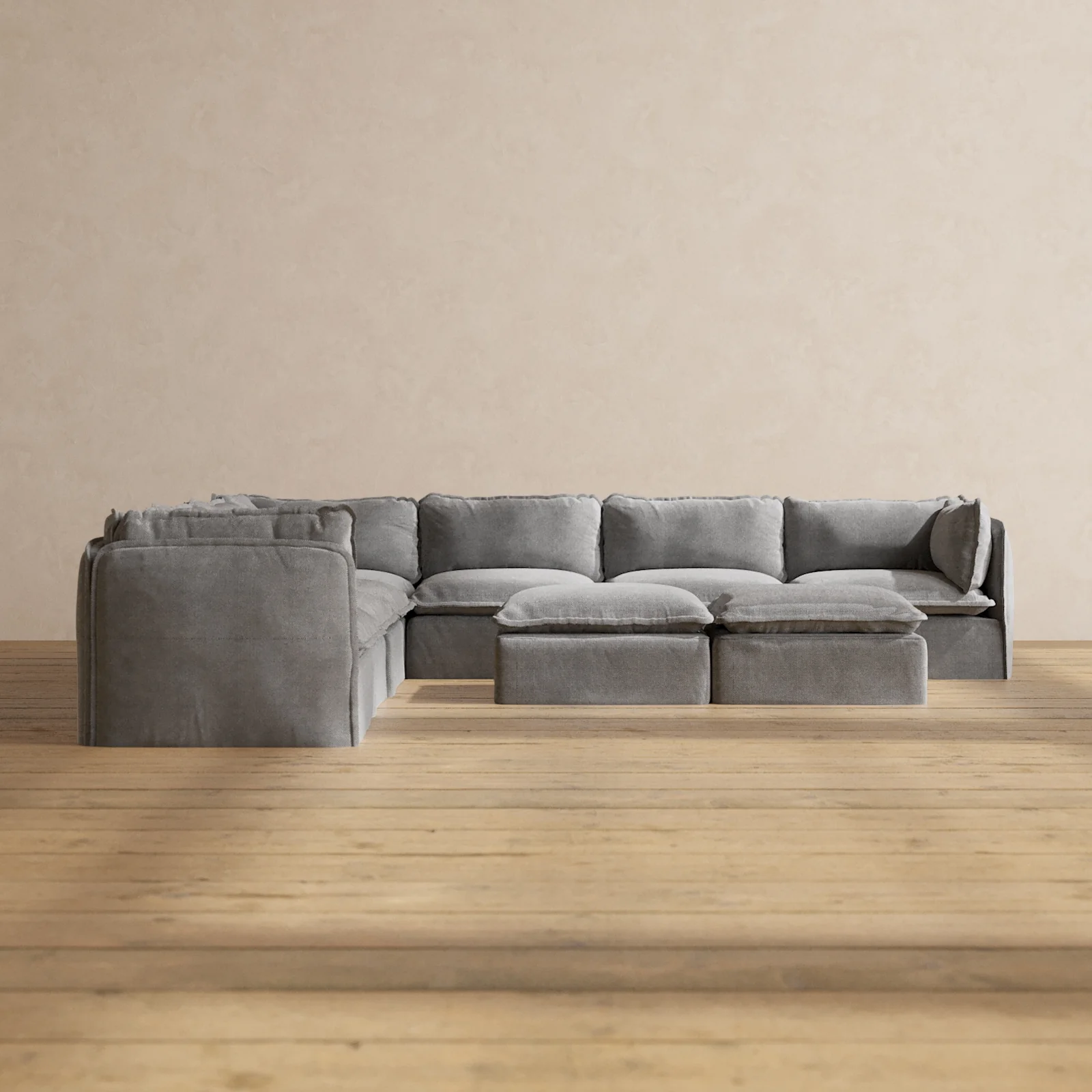 Modular Washable 7-Seater Corner Sectional + Bench Ottoman in Ash | Deluxe+ Seat | Cloud Pillow