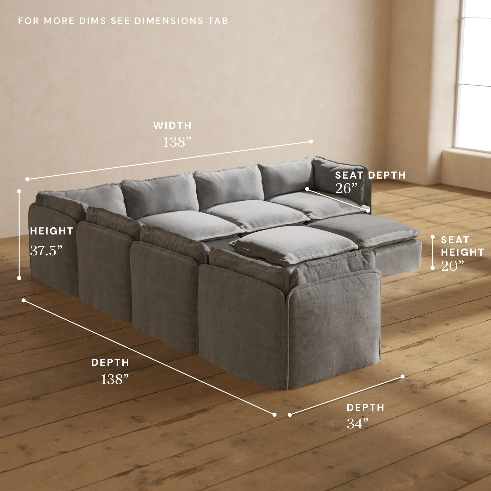 Modular Washable 7-Seater Corner Sectional + Bench Ottoman in Ash | Memorix+ Seat | Contour Pillow - Image 5