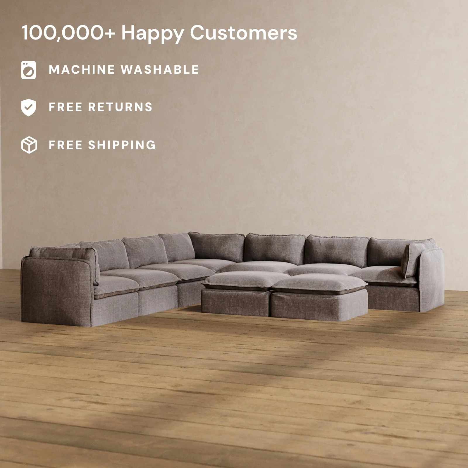 Modular Washable 7-Seater Corner Sectional + Bench Ottoman in Caviar | Memorix+ Seat | Contour Pillow - Image 2