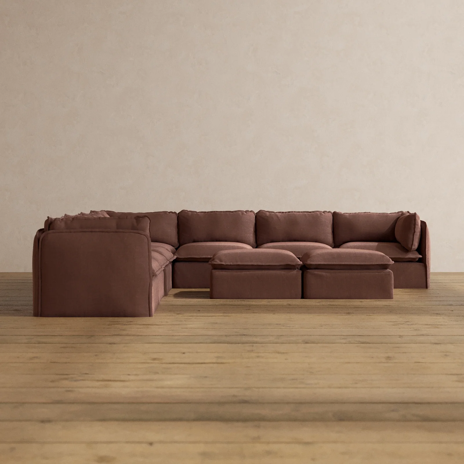 Modular Washable 7-Seater Corner Sectional + Bench Ottoman in Chestnut | Deluxe+ Seat | Cloud Pillow