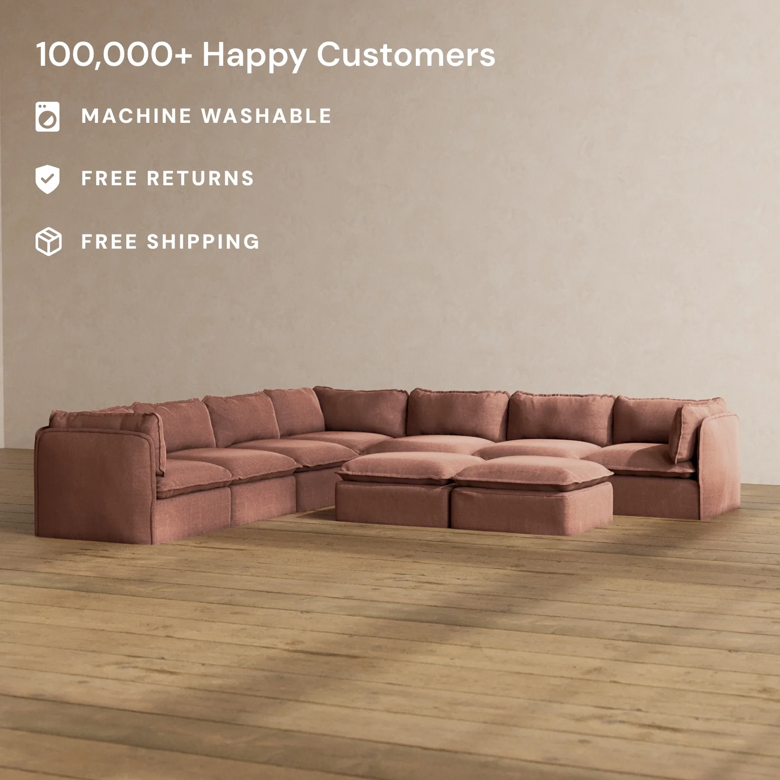 Modular Washable 7-Seater Corner Sectional + Bench Ottoman in Chestnut | Deluxe+ Seat | Cloud Pillow - Image 2