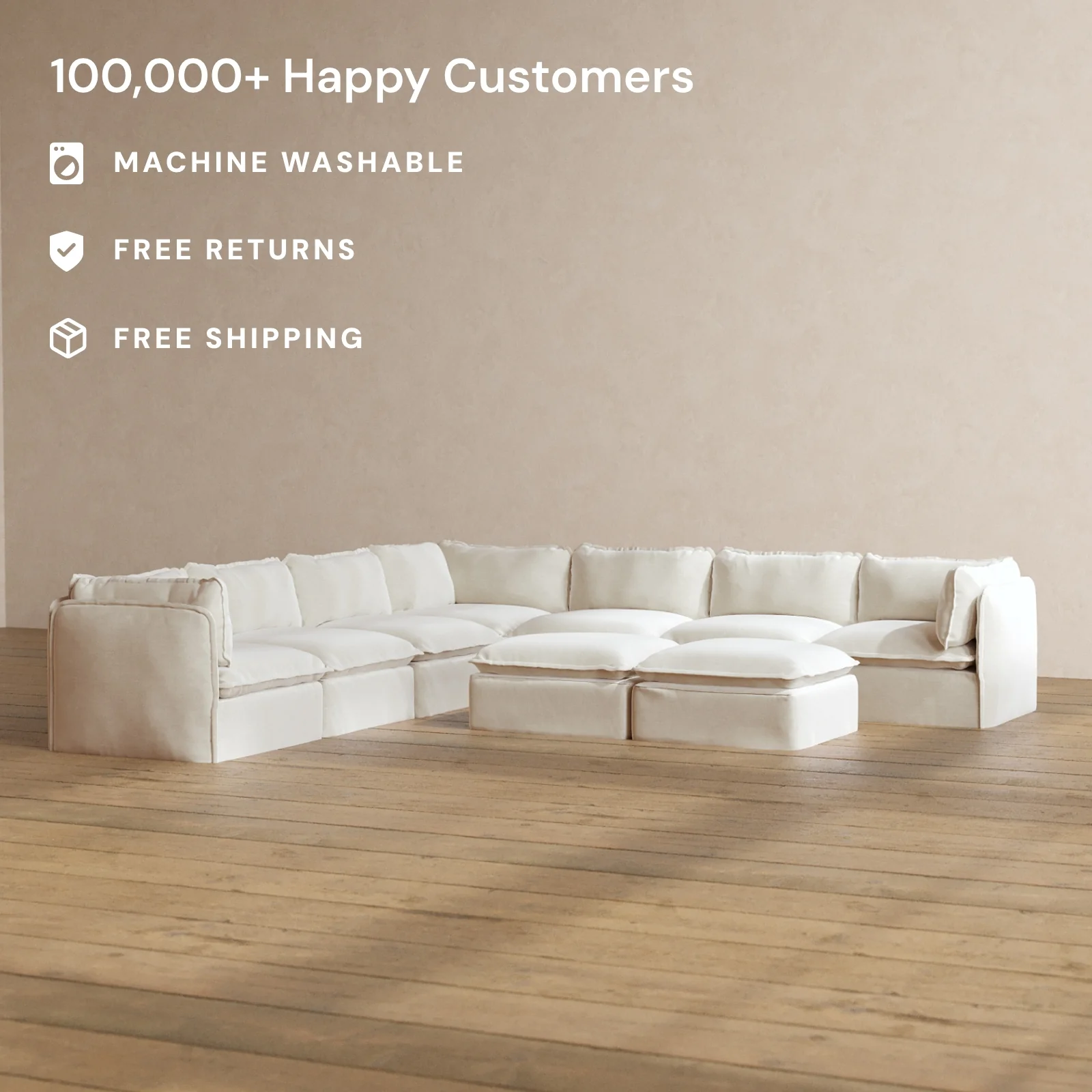 Modular Washable 7-Seater Corner Sectional + Bench Ottoman in Coco | Deluxe+ Seat | Cloud Pillow - Image 2