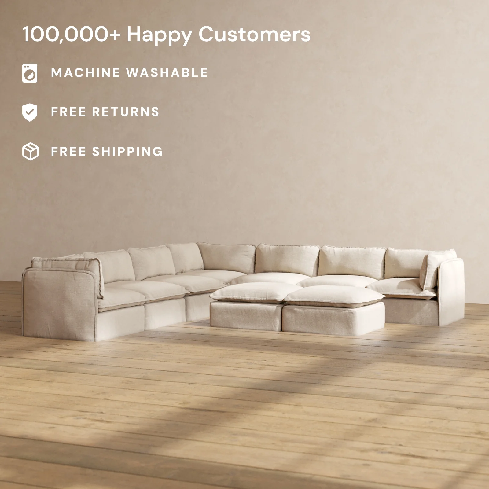 Modular Washable 7-Seater Corner Sectional + Bench Ottoman in Oat | Deluxe+ Seat | Cloud Pillow - Image 2