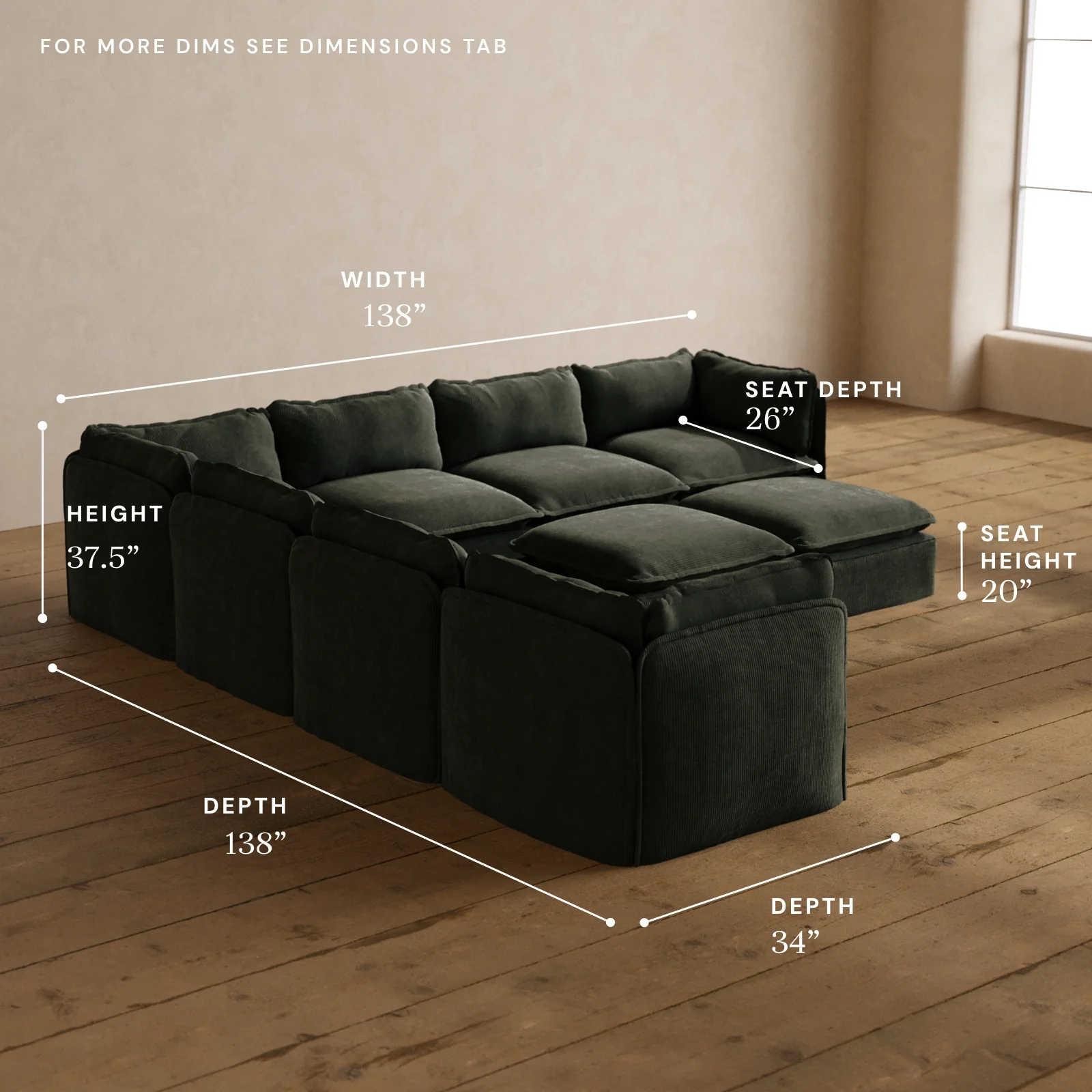 Modular Washable 7-Seater Corner Sectional + Bench Ottoman in Olivine | Deluxe+ Seat | Cloud Pillow - Image 5