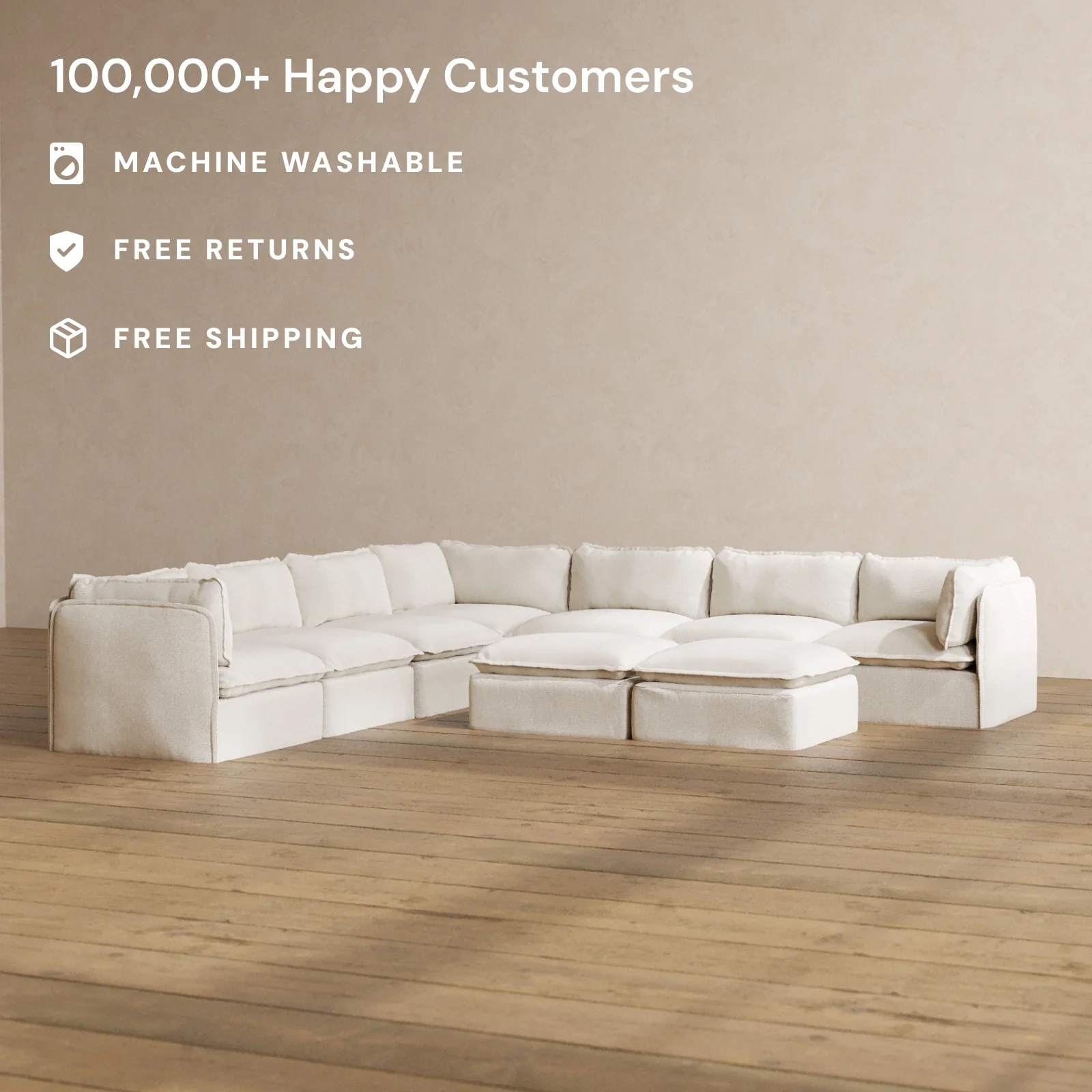 Modular Washable 7-Seater Corner Sectional + Bench Ottoman in Powder | Memorix+ Seat | Contour Pillow - Image 2