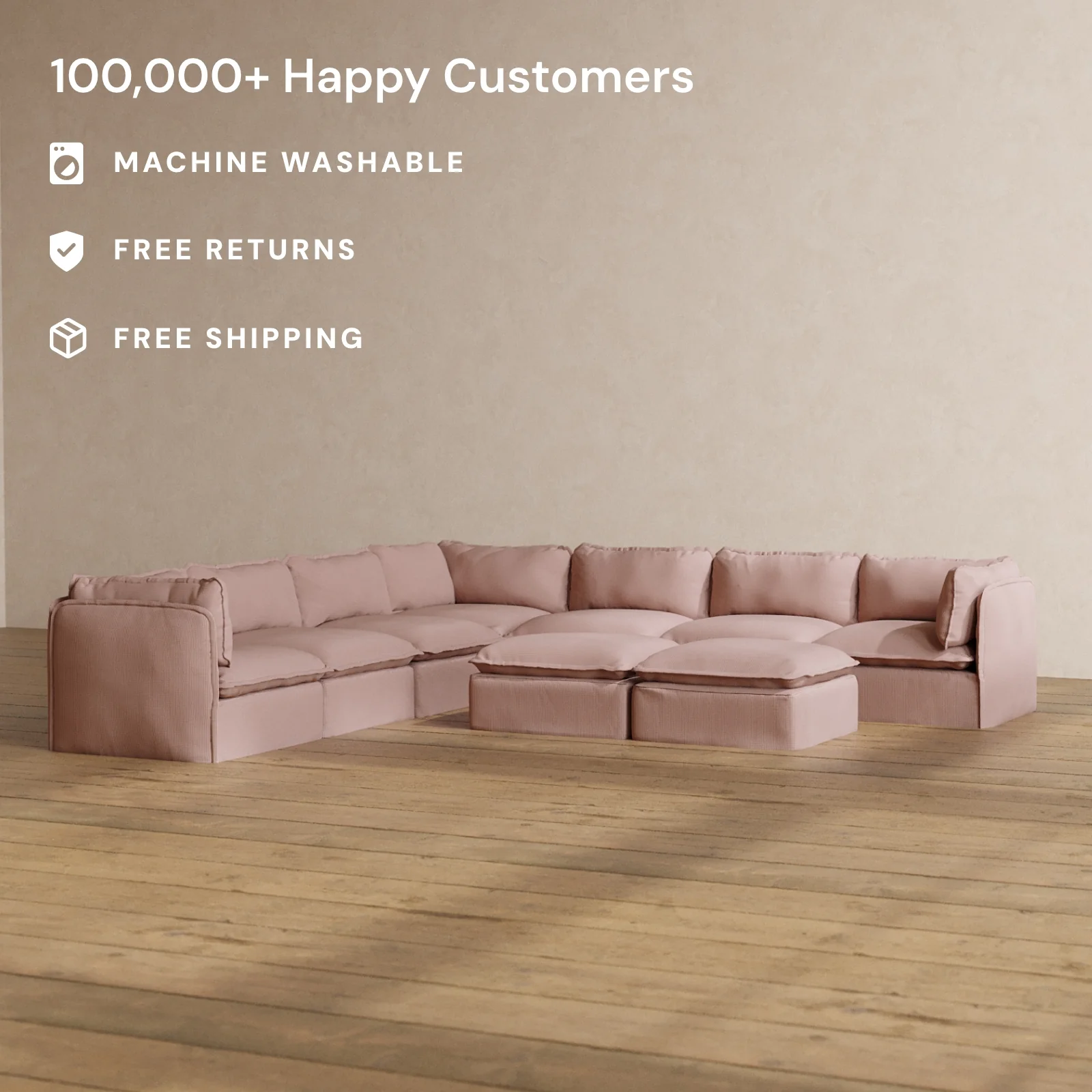 Modular Washable 7-Seater Corner Sectional + Bench Ottoman in Sakura | Memorix+ Seat | Contour Pillow - Image 2