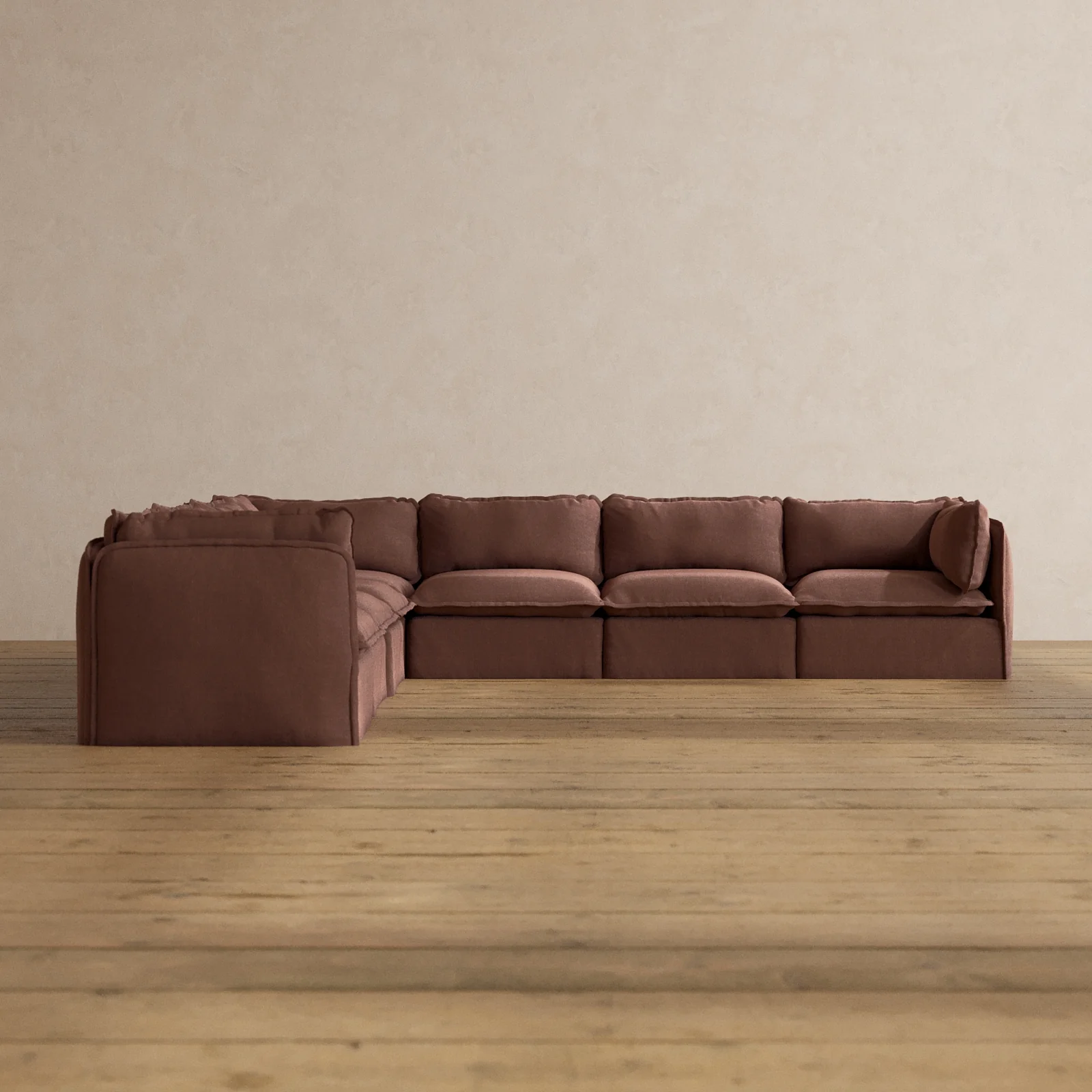Modular Washable 7-Seater Corner Sectional in Chestnut | Deluxe+ Seat | Cloud Pillow