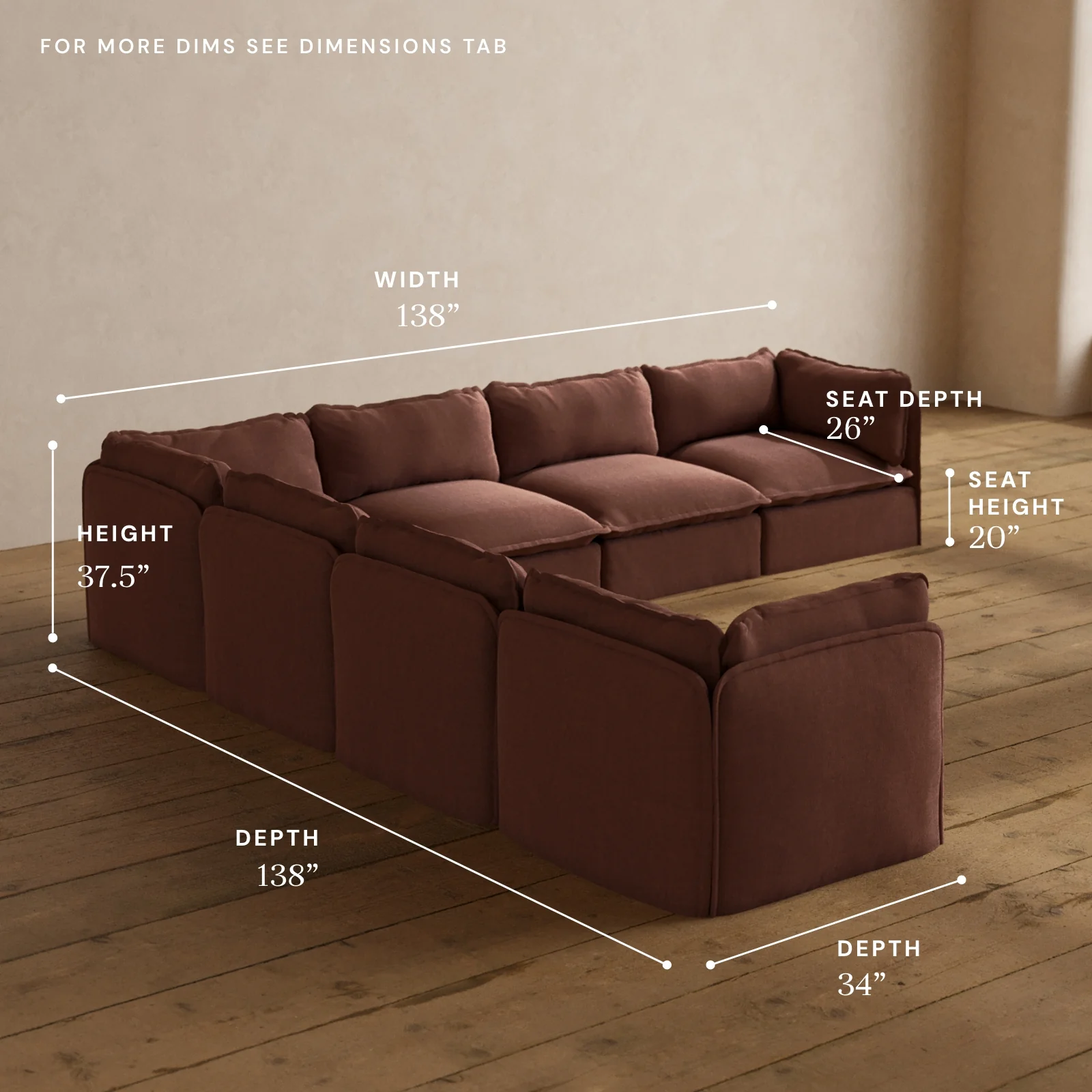 Modular Washable 7-Seater Corner Sectional in Chestnut | Deluxe+ Seat | Cloud Pillow - Image 5