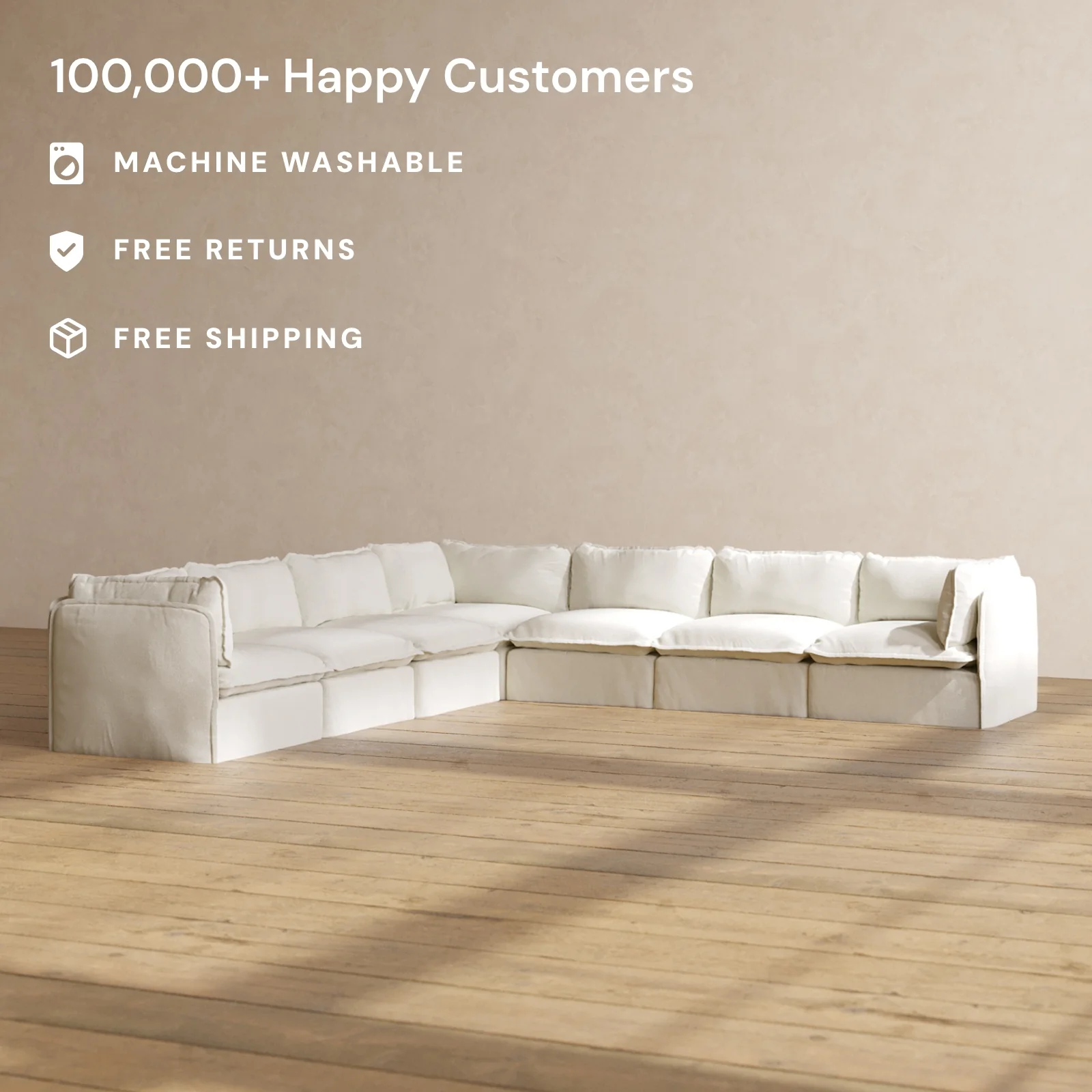 Modular Washable 7-Seater Corner Sectional in Eggshell | Memorix+ Seat | Contour Pillow - Image 2