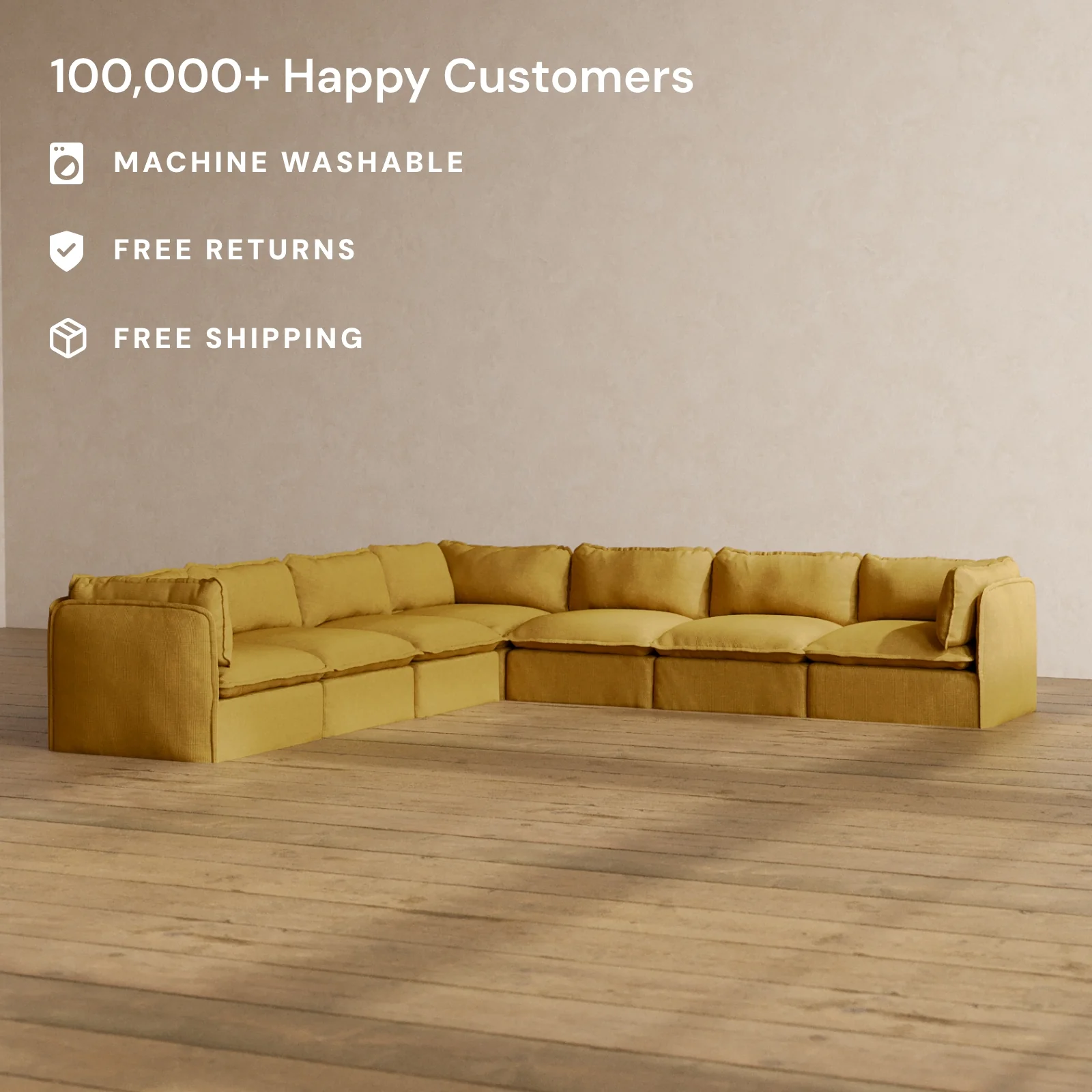 Modular Washable 7-Seater Corner Sectional in Kiiro | Deluxe+ Seat | Cloud Pillow - Image 2