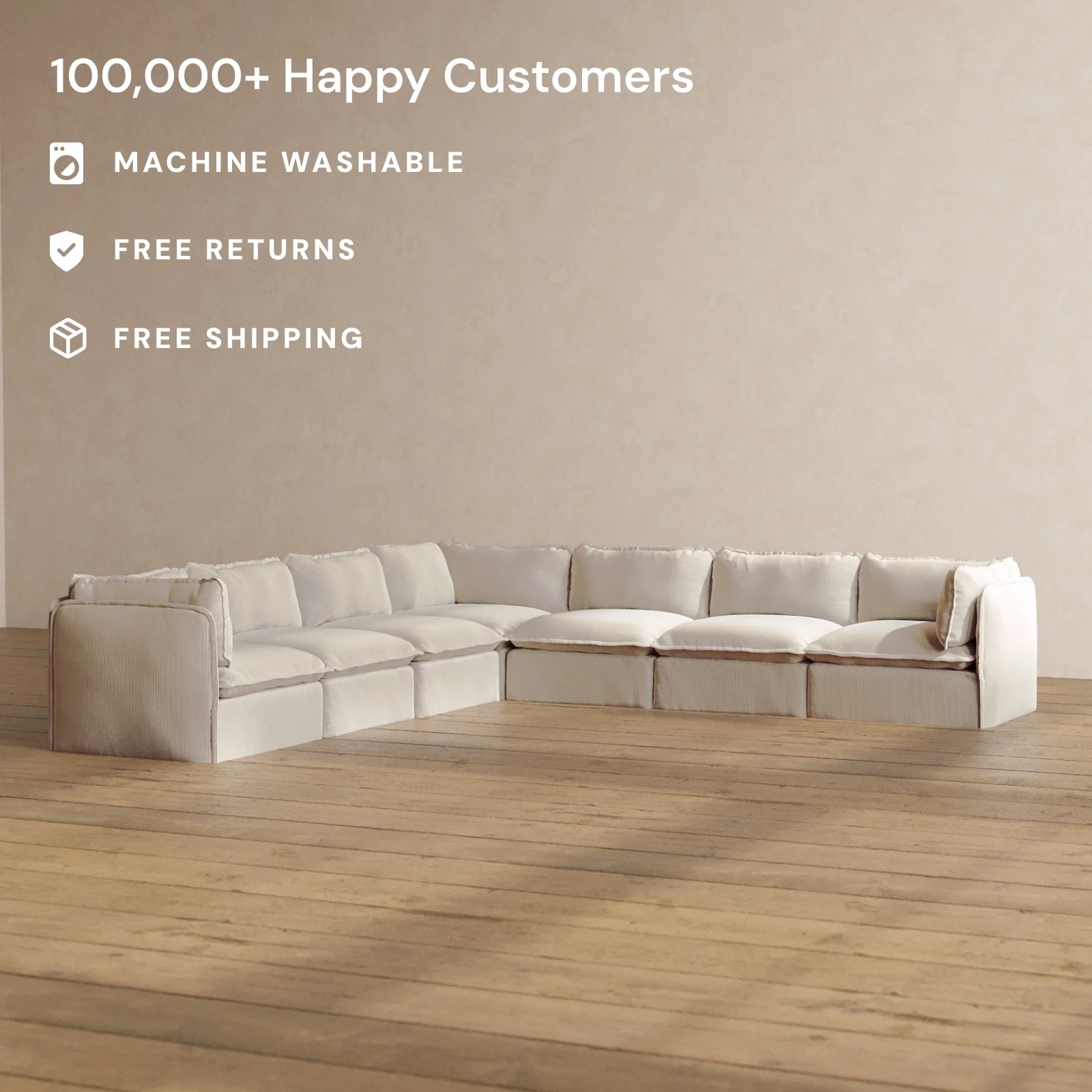 Modular Washable 7-Seater Corner Sectional in Milk | Deluxe+ Seat | Cloud Pillow - Image 2