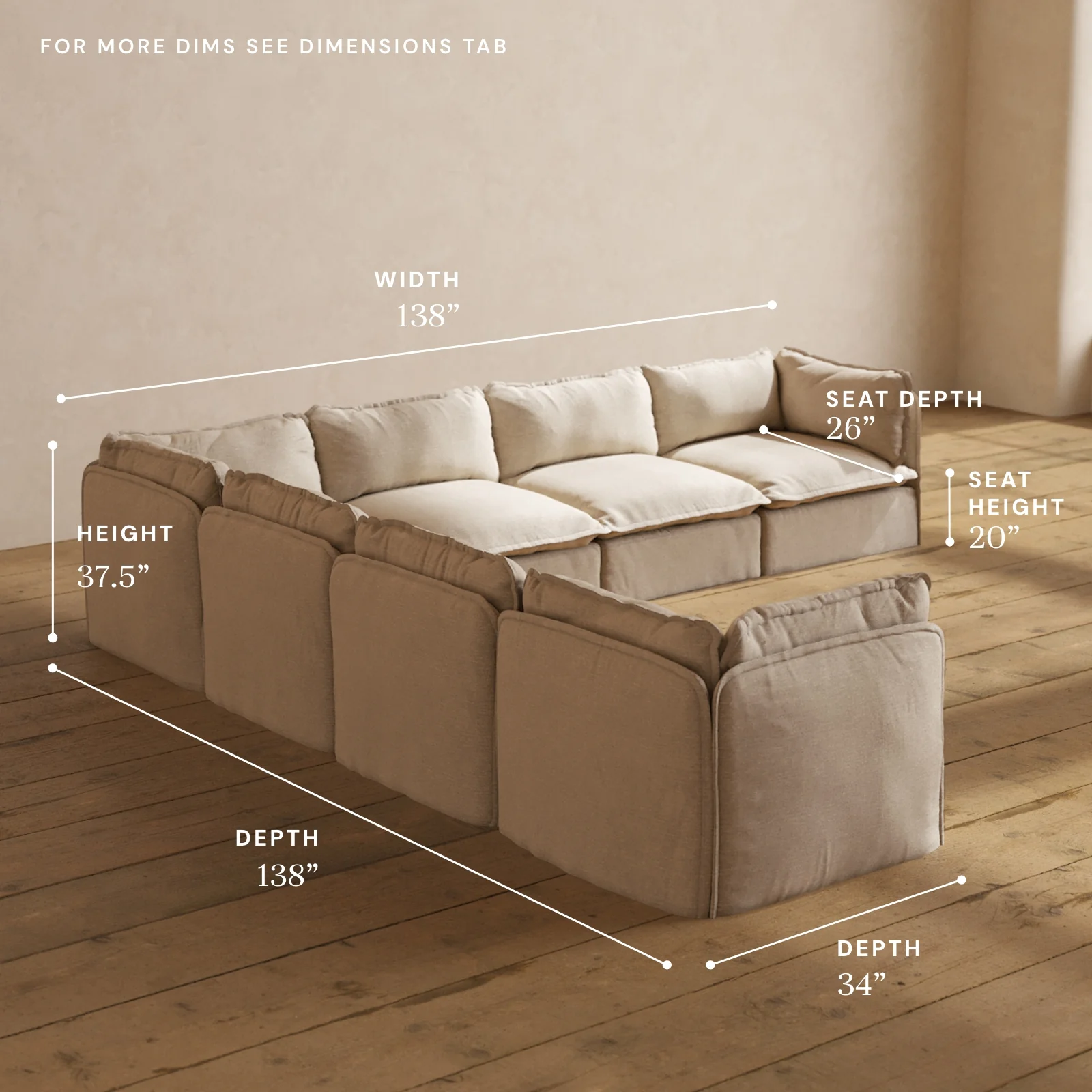 Modular Washable 7-Seater Corner Sectional in Oat | Deluxe+ Seat | Cloud Pillow - Image 5