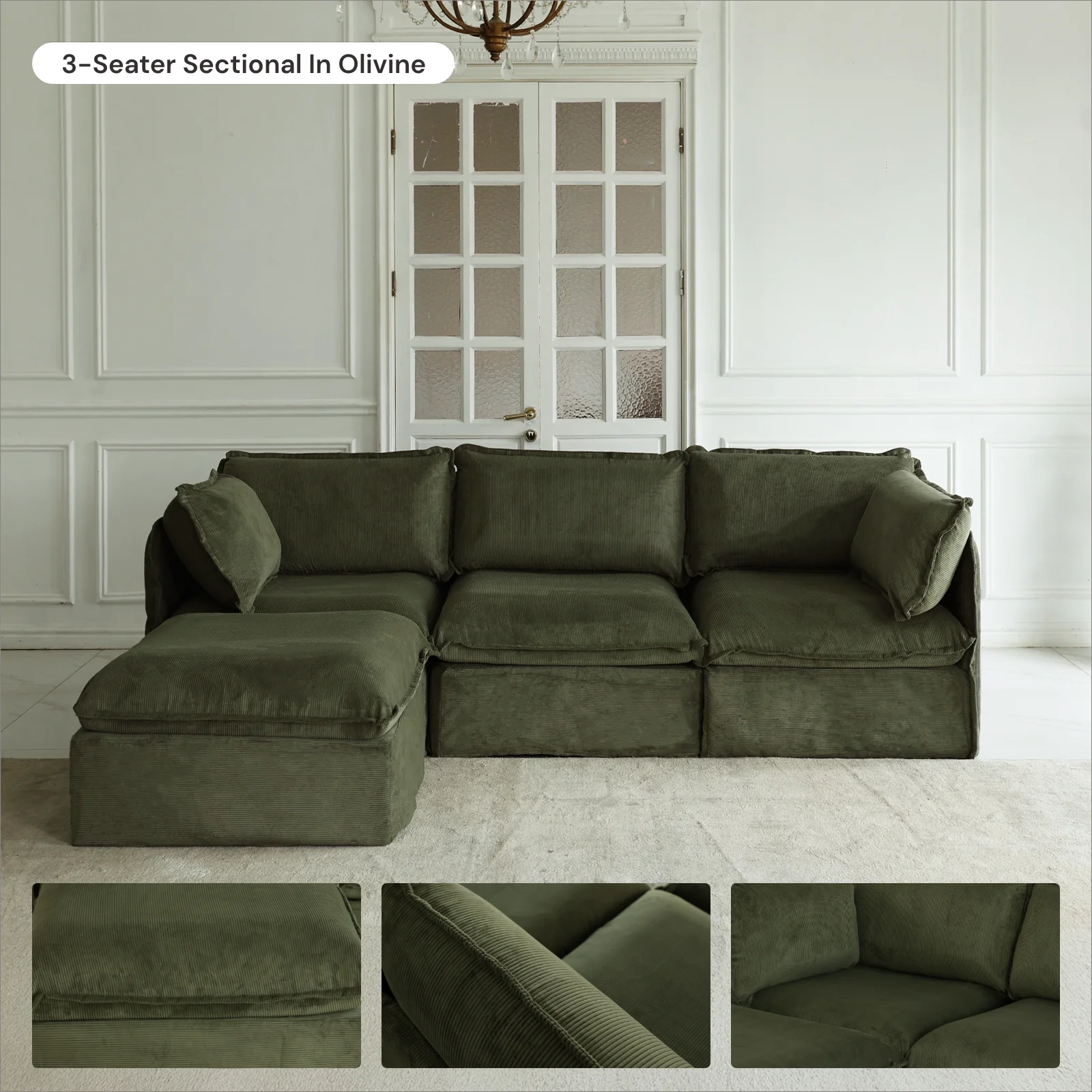 Modular Washable 7-Seater Corner Sectional in Olivine | Deluxe+ Seat | Cloud Pillow - Image 7