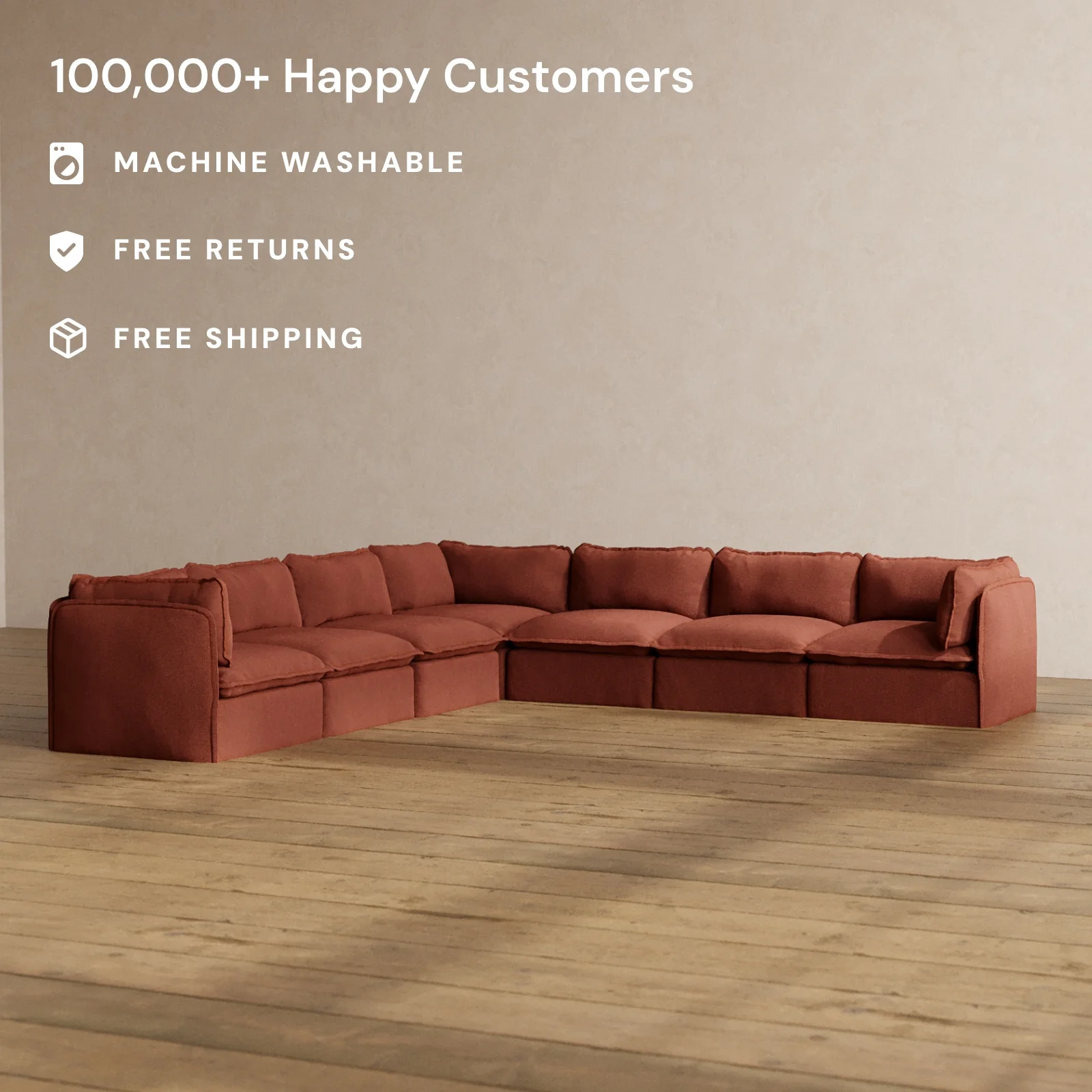 Modular Washable 7-Seater Corner Sectional in Rust | Memorix+ Seat | Contour Pillow - Image 2