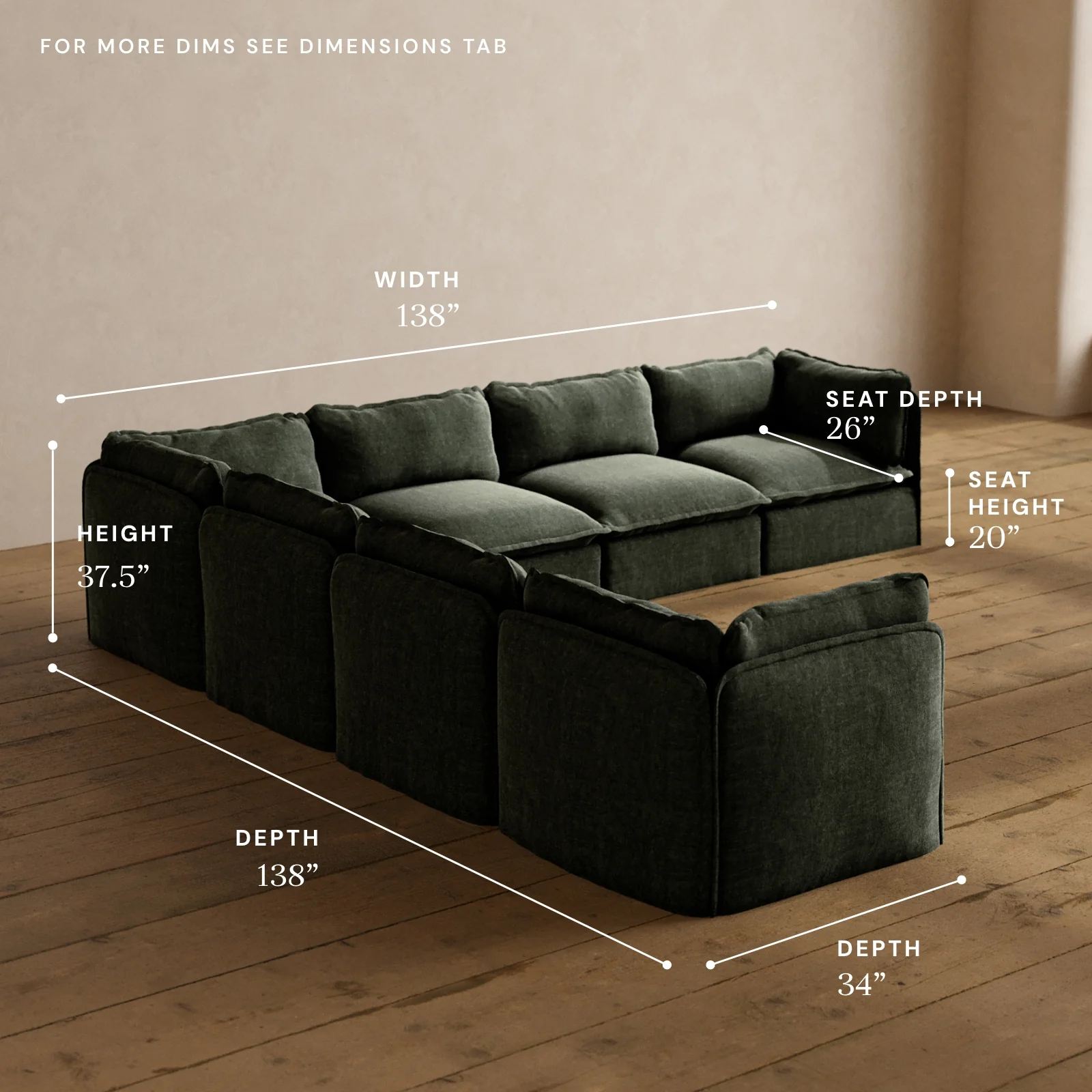 Modular Washable 7-Seater Corner Sectional in Willow | Deluxe+ Seat | Cloud Pillow - Image 5
