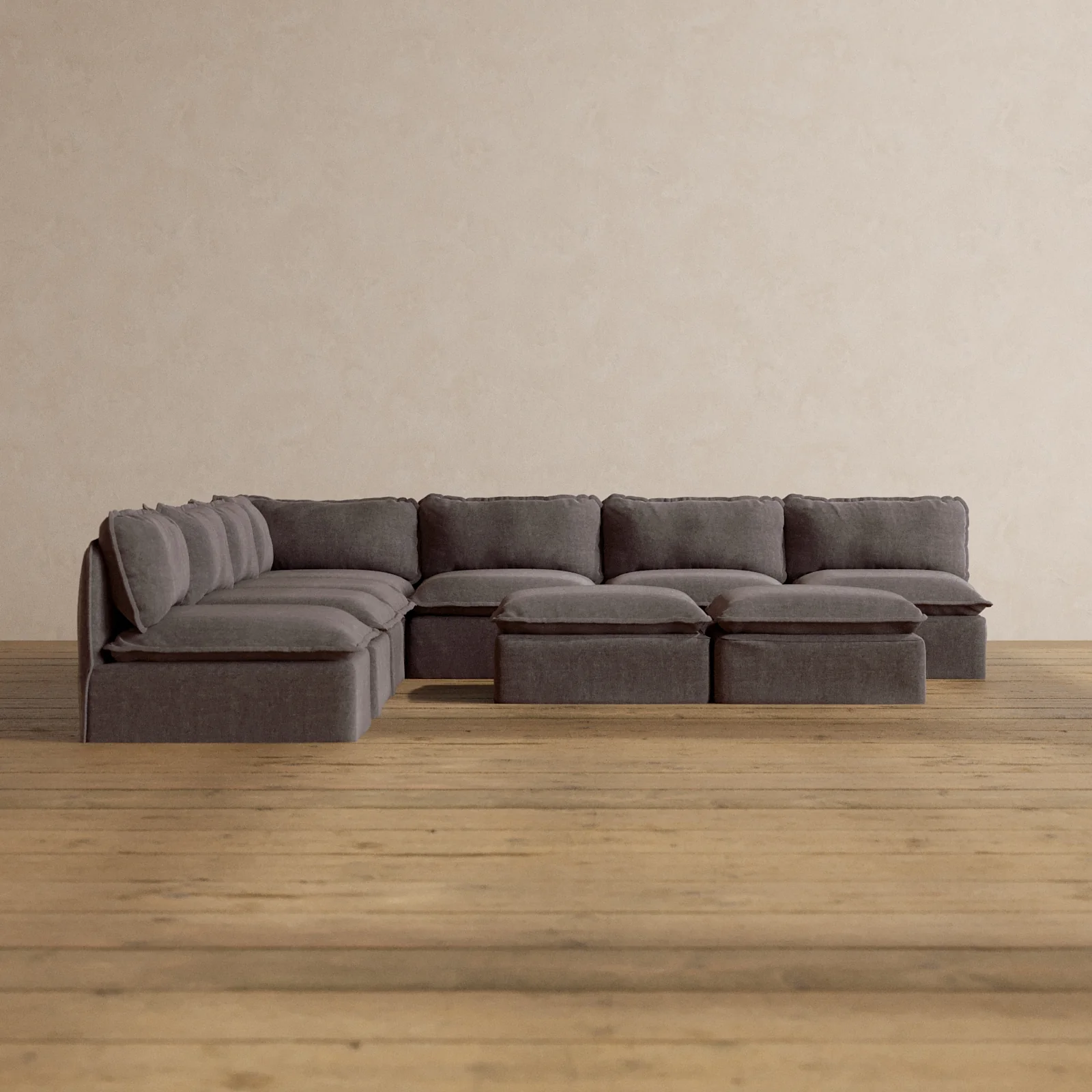 Modular Washable 7-Seater Open-Ends Corner Sectional + Bench Ottoman in Caviar | Deluxe+ Seat | Cloud Pillow