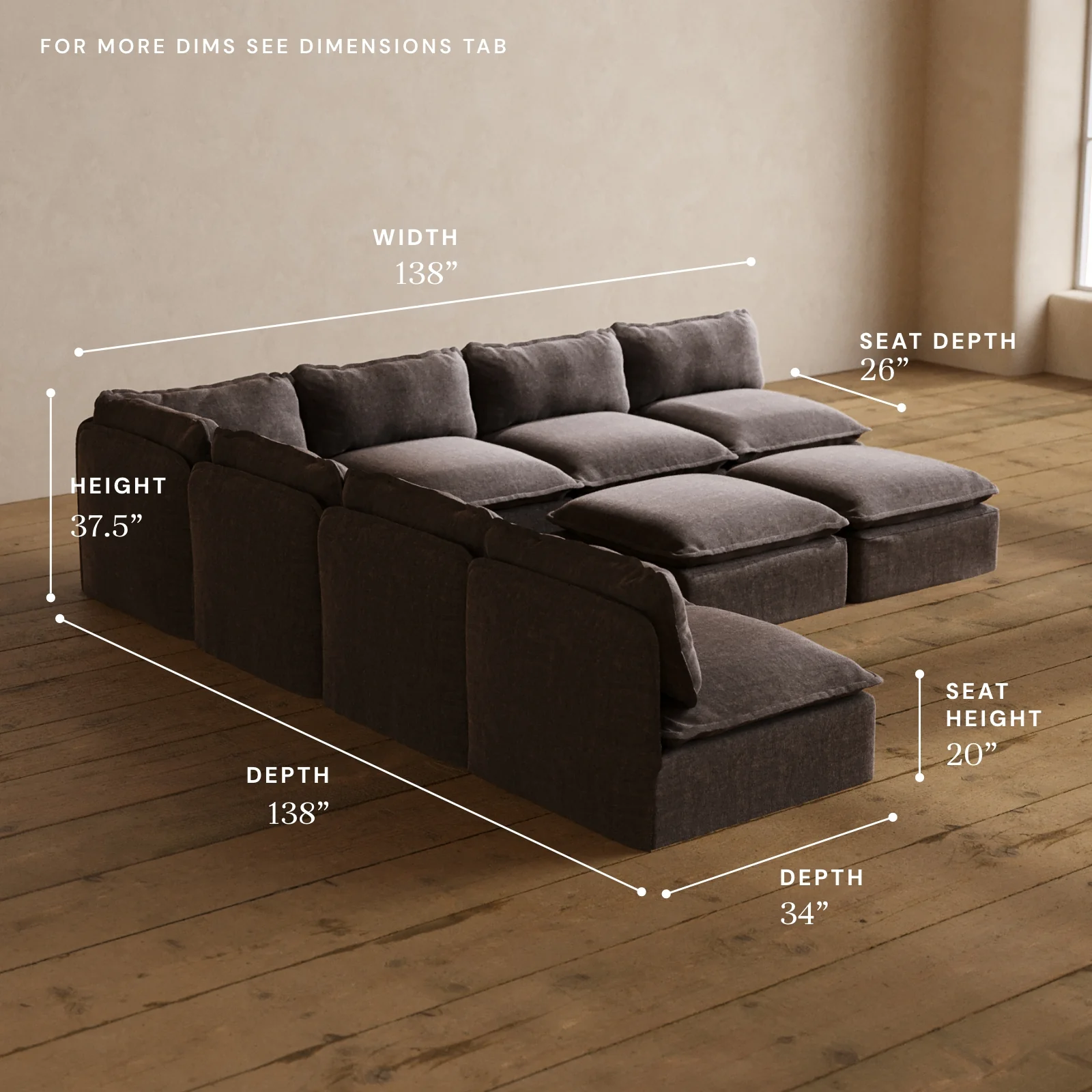 Modular Washable 7-Seater Open-Ends Corner Sectional + Bench Ottoman in Caviar | Deluxe+ Seat | Cloud Pillow - Image 5