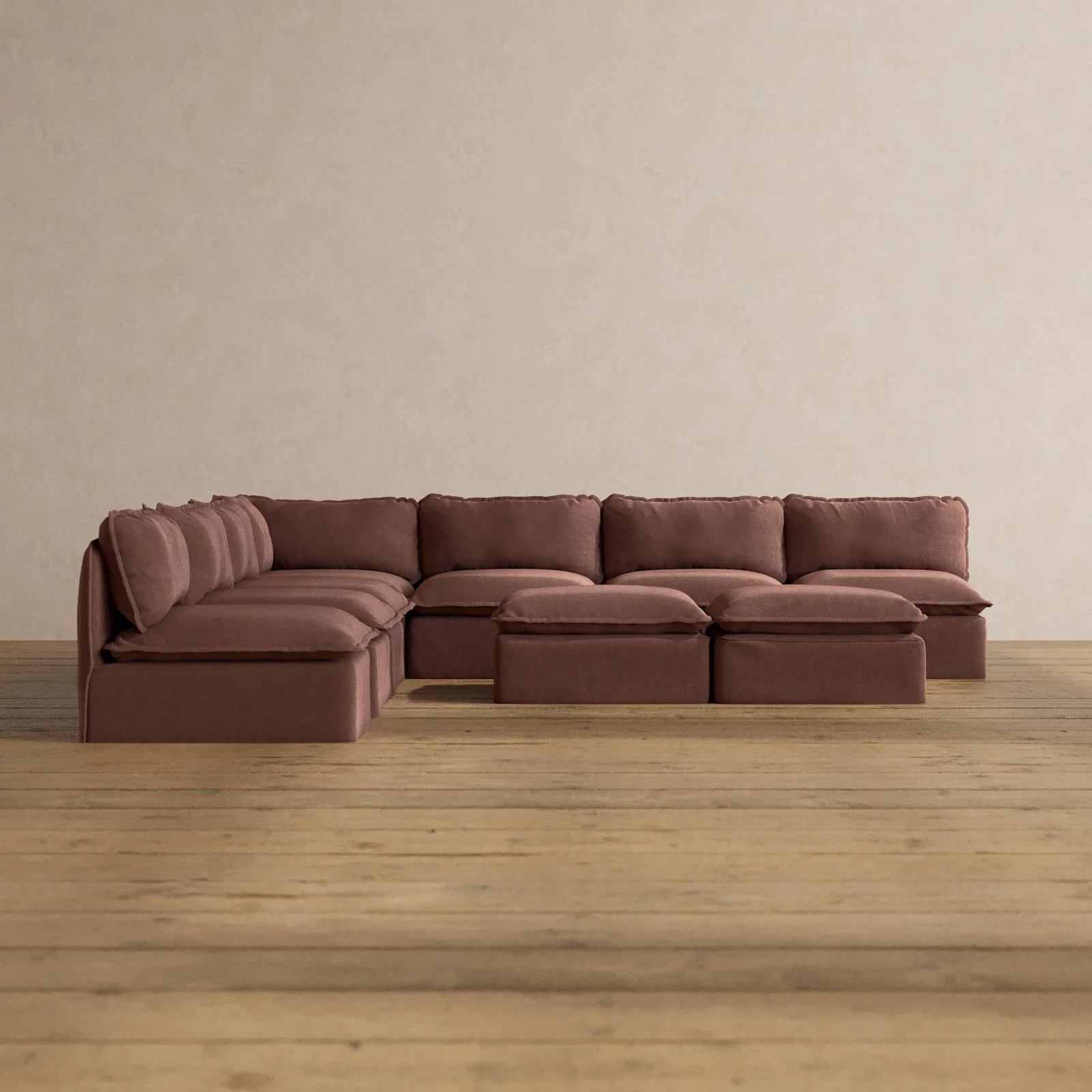 Modular Washable 7-Seater Open-Ends Corner Sectional + Bench Ottoman in Chestnut | Deluxe+ Seat | Cloud Pillow